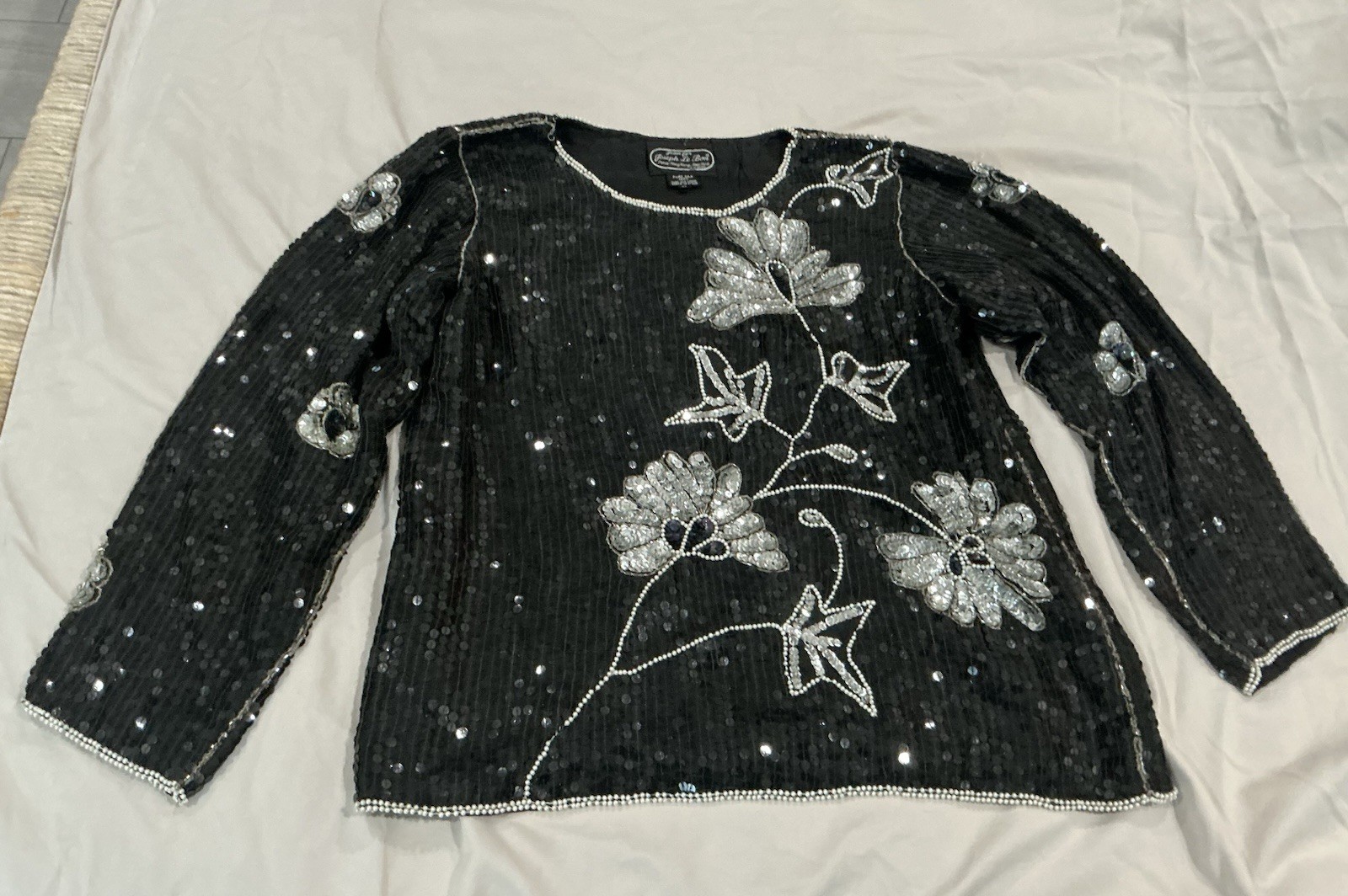 Vintage Joseph Le Bon Silk Beaded Sequin Blouse Top Large Evening Wear ￼