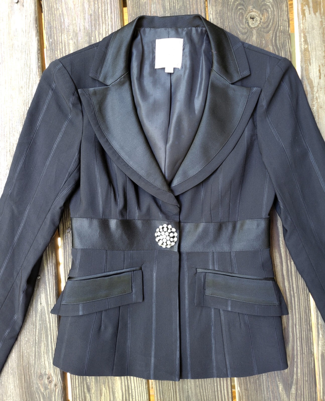 Nanette Lepore vintage 90s 00s pant suit black satin stripe brooch low rise 0