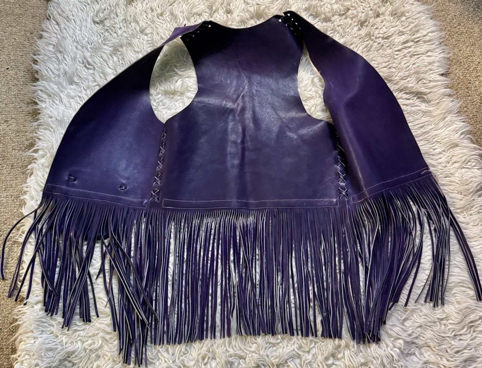 Vtg 70s Purple Leather Suede Vest Fringe Pocket Boho Rock Star Jacket Unisex