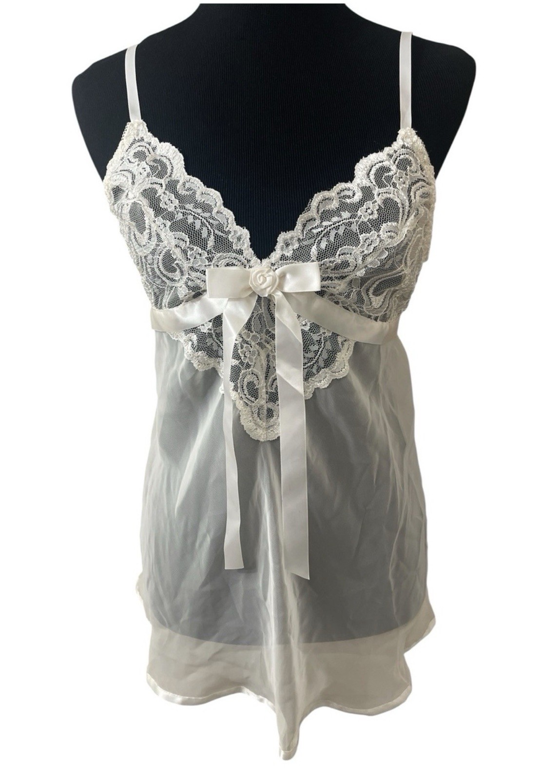 Nwt Vintage Cliche Ivory Lace Coquette Sheer Babydoll Chemise Satin Bow Trim M