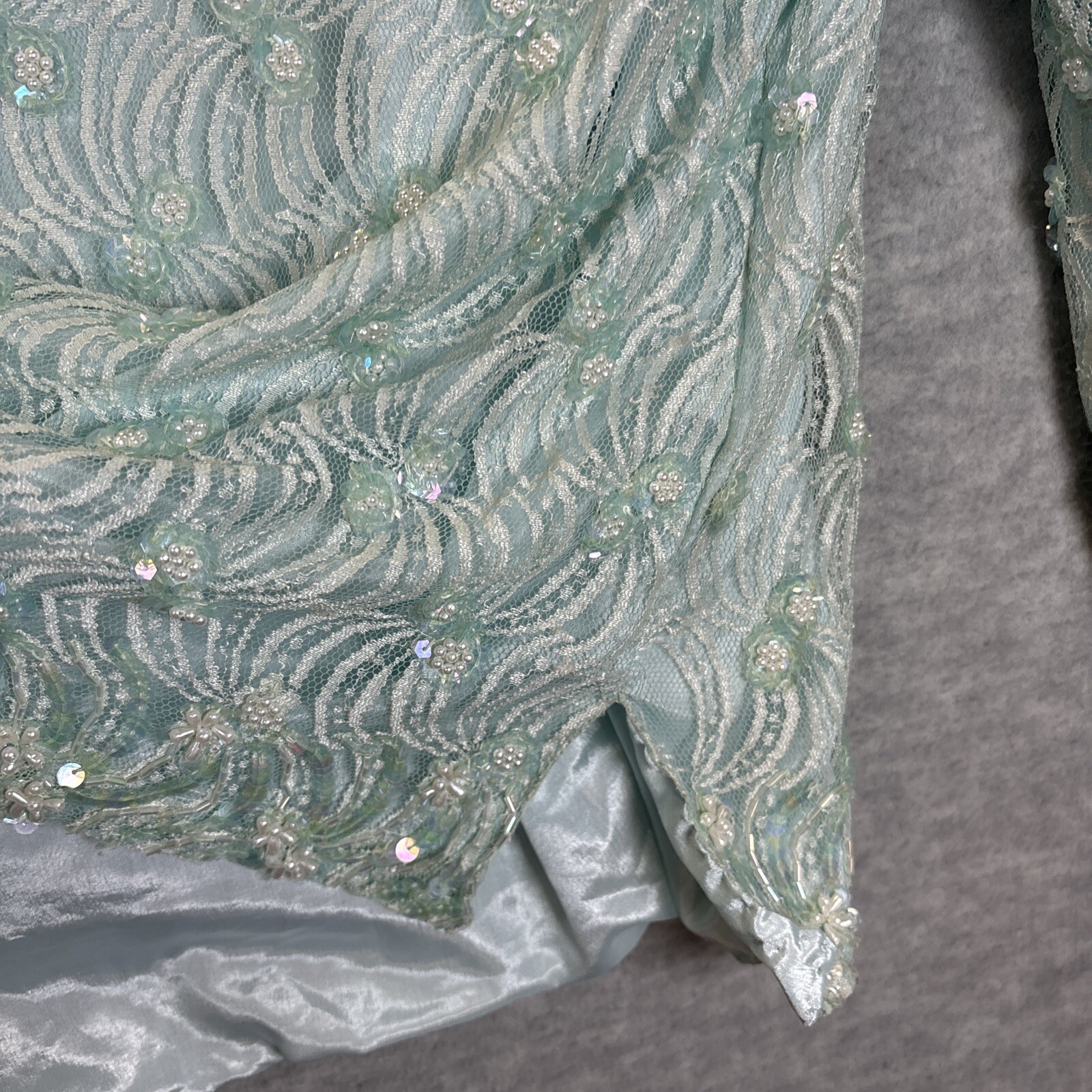 Vintage Top L Green Sequin Beaded Fairycore Artsy Lace Sheer Lined Party Blouse