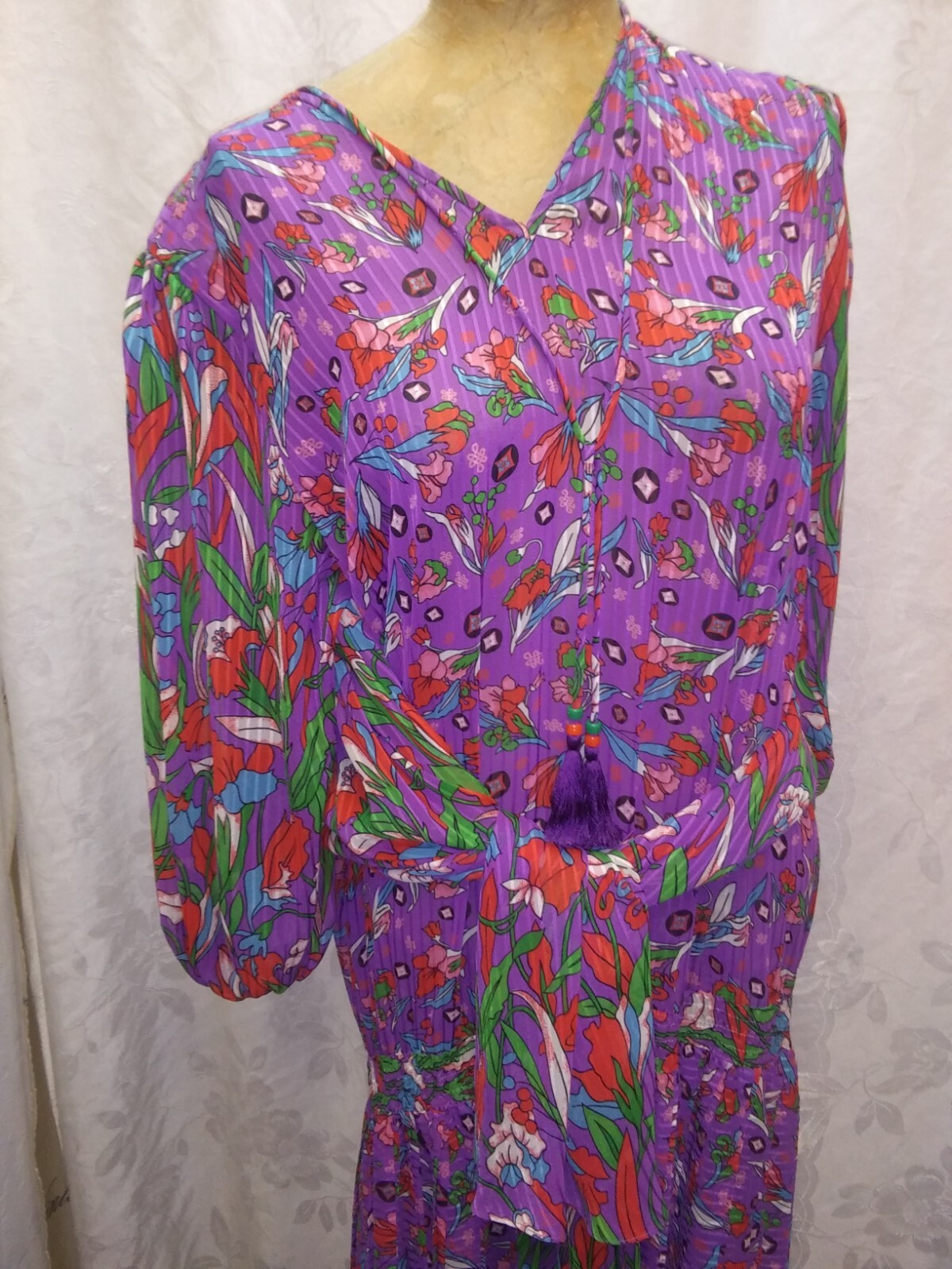 Vintage 80’s Purple Red Green Blue Silky Poly Designer Dress Diane Freis L