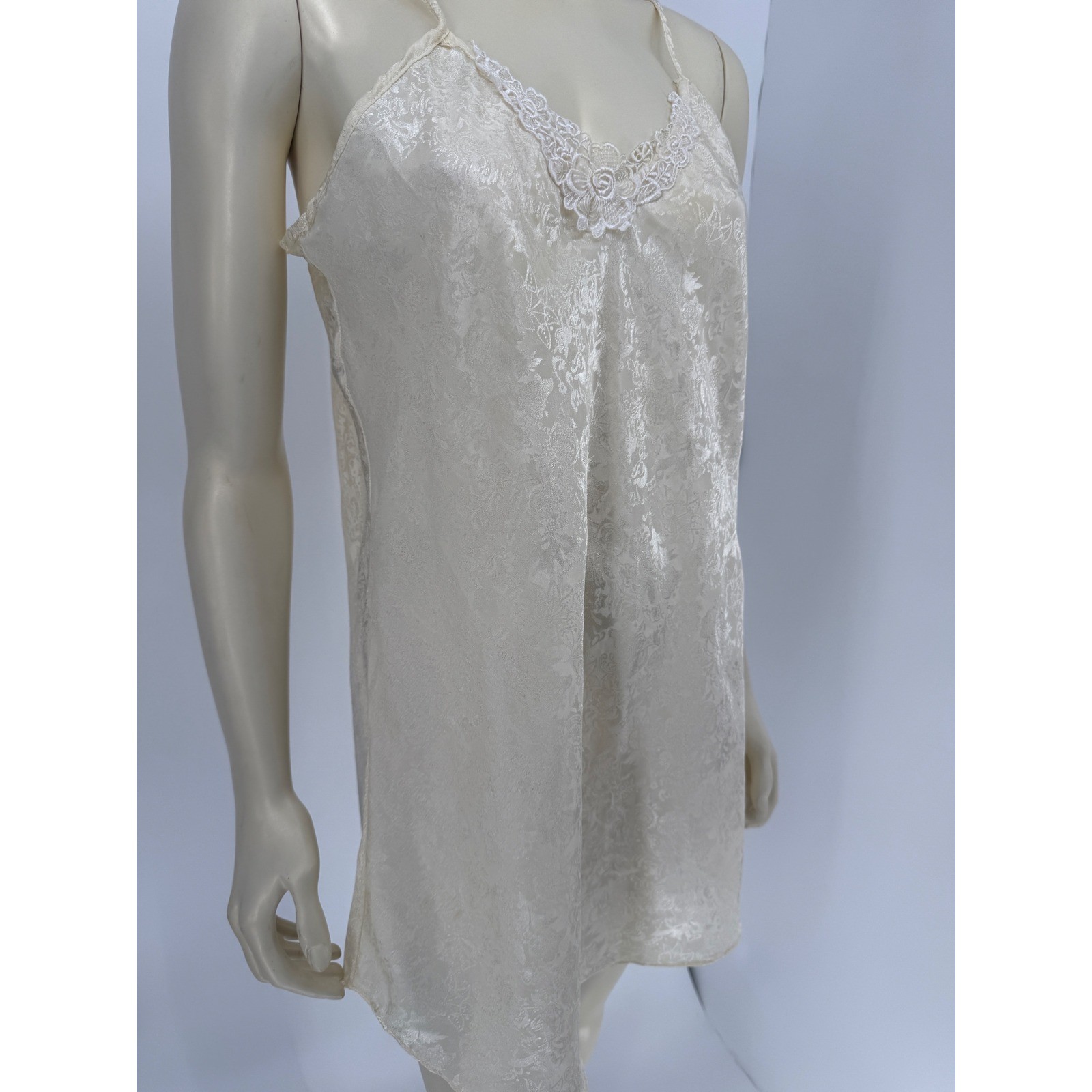 Audrey Lane Satin Nightgown Dress Large Ivory Floral Jacquard Lace Slip Lingerie