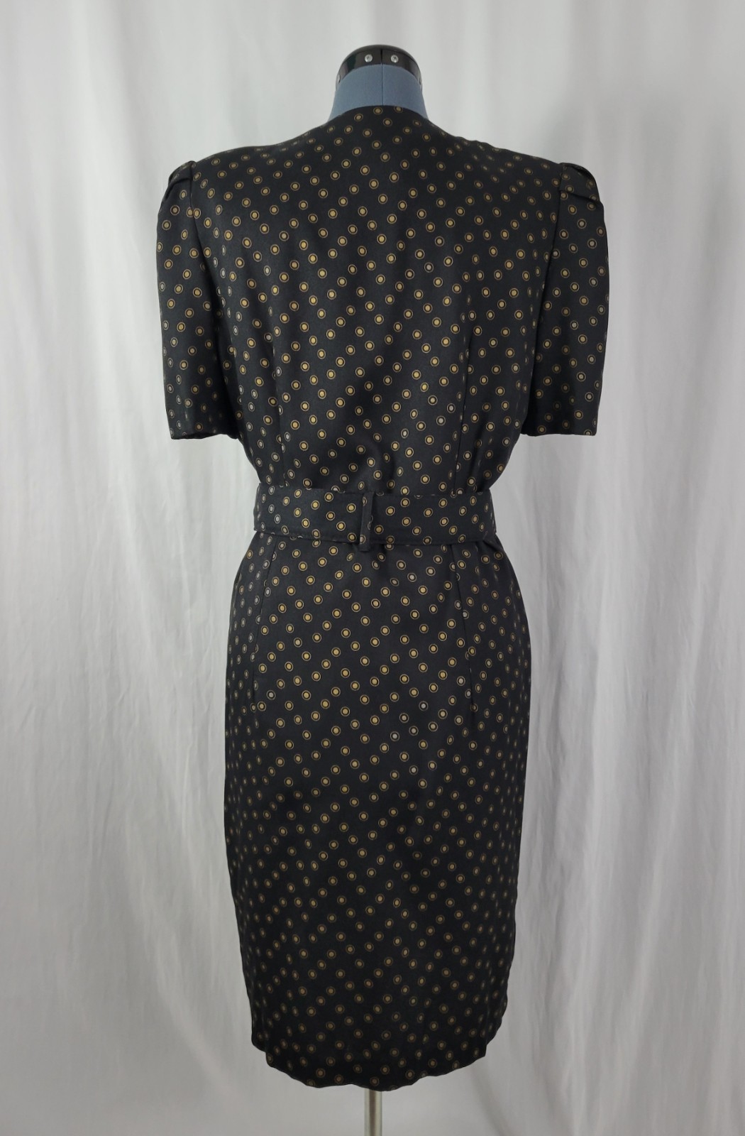 Vtg Whirlaway Frocks Black Sheath Dress w Gold Pattern, Belt & Dickey Size 14