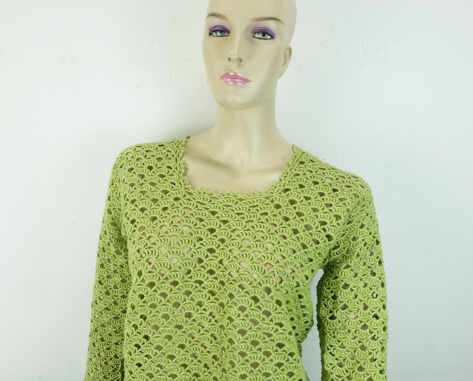 70s true vintage SWEATER lime green with lurex size S glitter sweater hippie boho