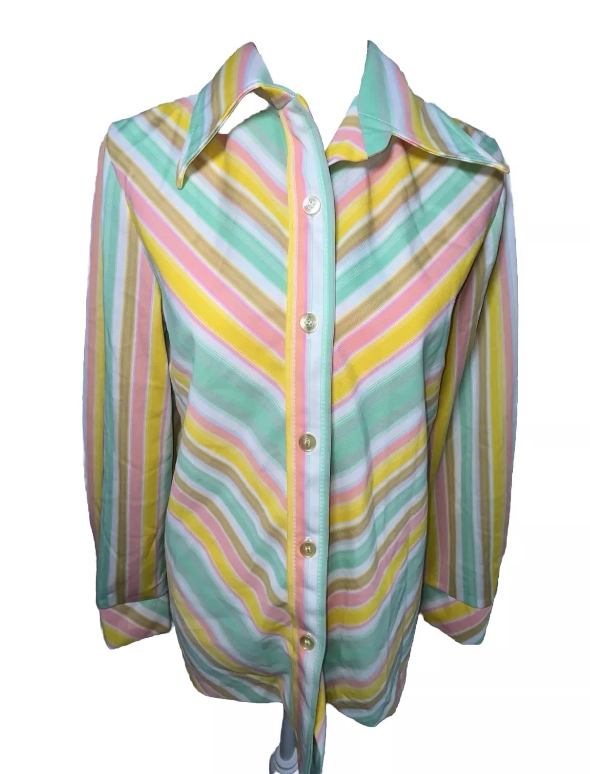 Vtg Shirt 70s Polyester Top Collar Spring Pastel Stripes Pink Aqua Brown L XL 40
