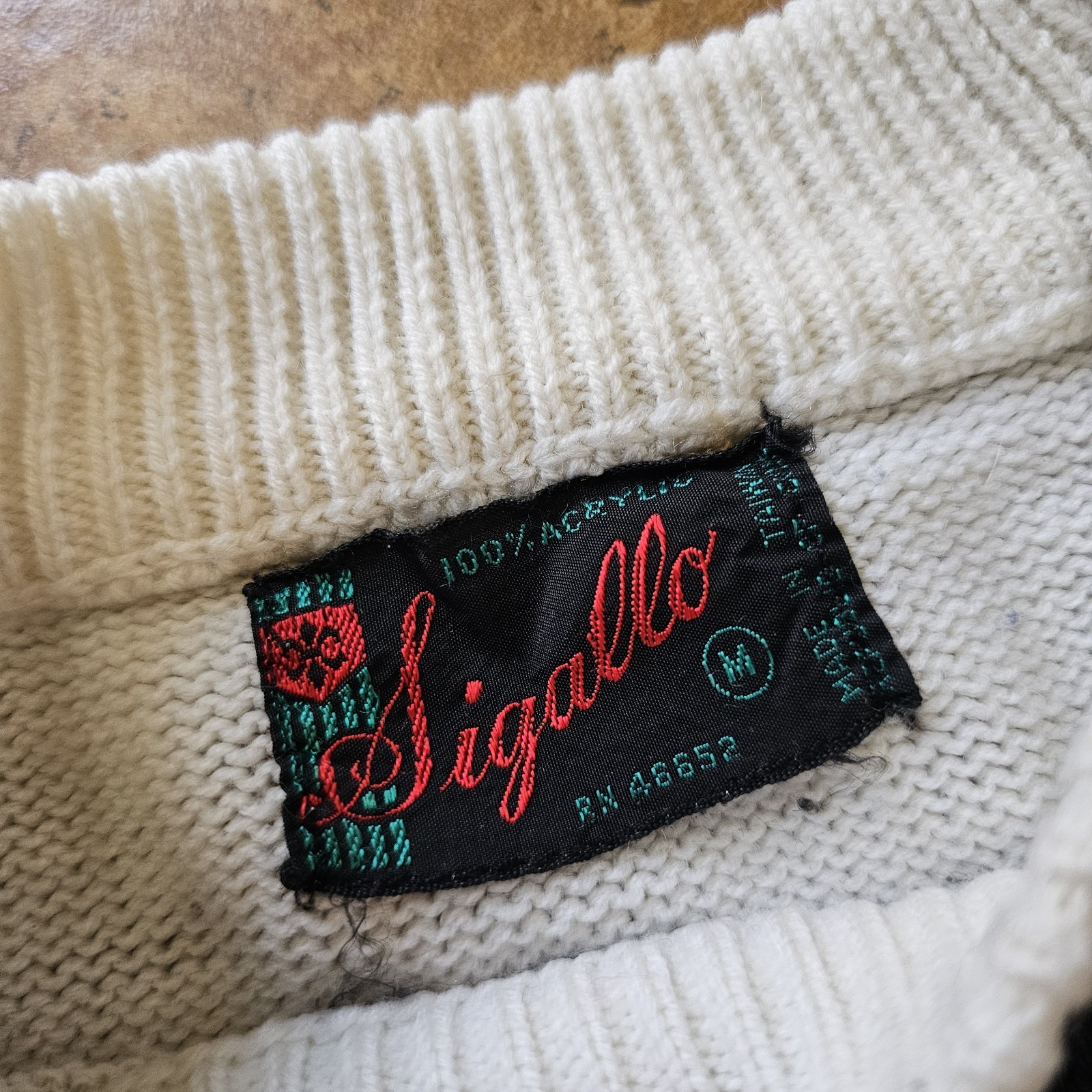 Vintage 60s Knit Sweater Fair Isle Medium Sigallo Cream Blue Green Ski Winter