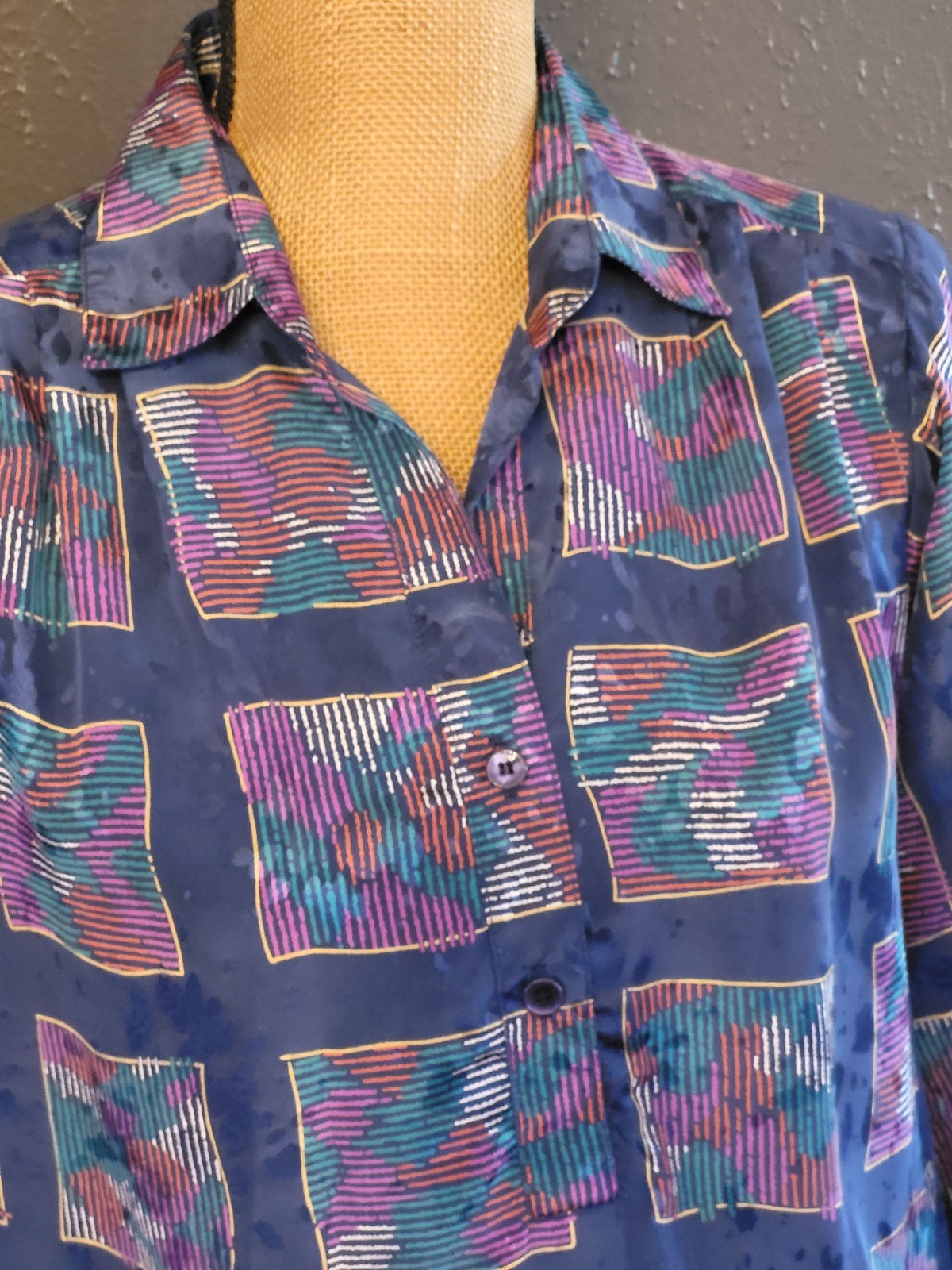 Da Rue Of California Vintage Blue Polyester Geometric Design Blouse Large