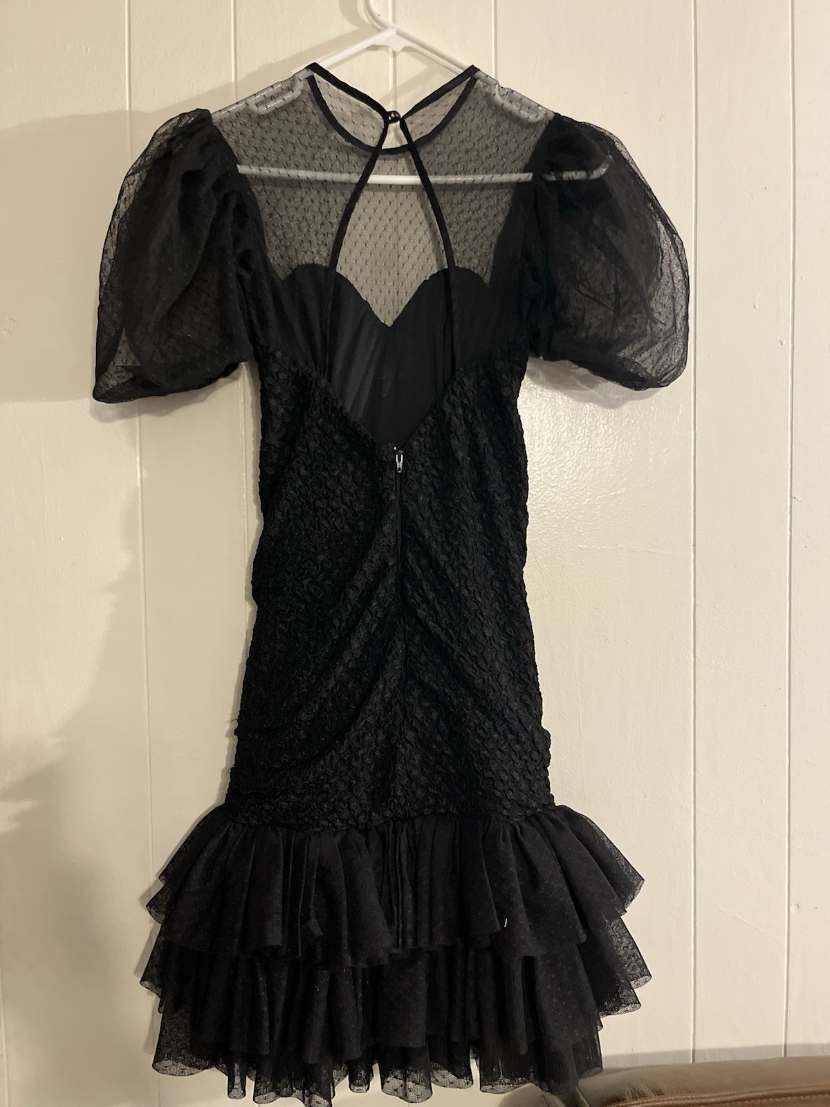 Vtg 80s Black Prom Cocktail Dress Puff Sleeve Sweetheart Bow w/ Rhinestones