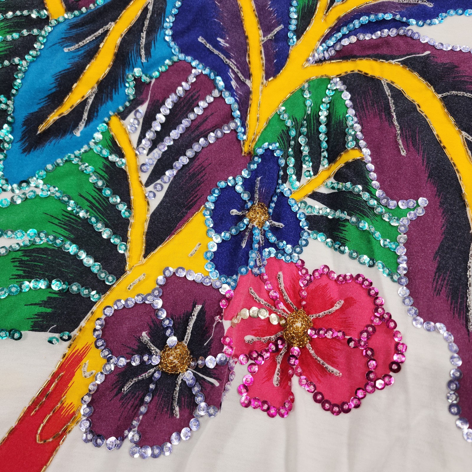 Bonnie Boerer Top WOMENS 2X Floral Sequins Shirt Beaded Retro VINTAGE 90s White