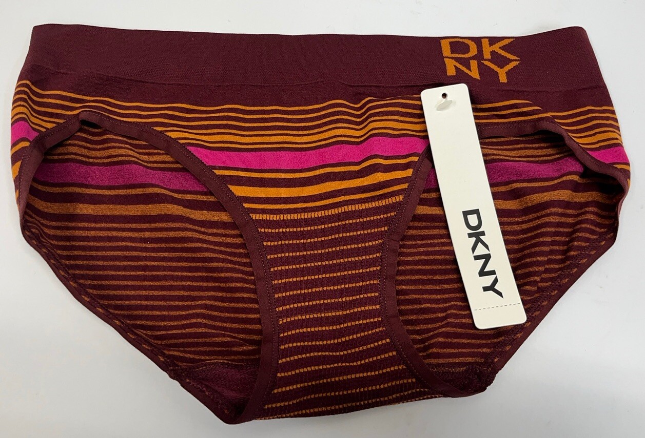 Vtg 2008 DKNY Low Rise No Line Striped Bikini Panty Womens Sz M Burgundy &Gold