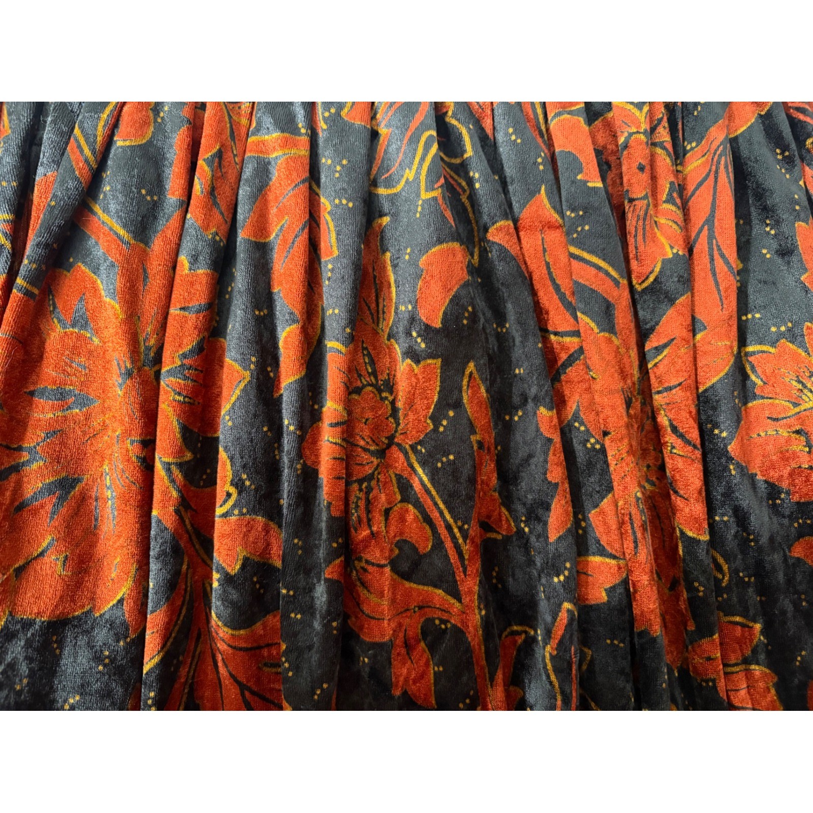 VTG 90s DIANA BENTALLS Ochre Black Floral Velvet Pleated Midi Skirt Sz 46 Grunge