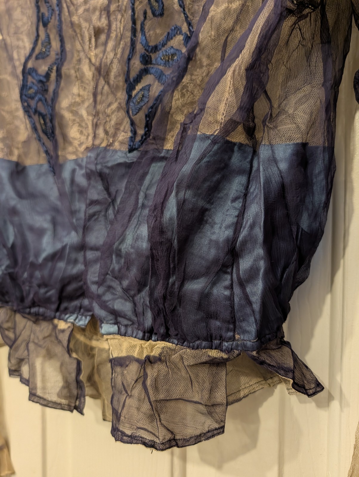 Antique Edwardian Cream Lace Blue Satin XS Women’s Blouse Handmade Bow Details