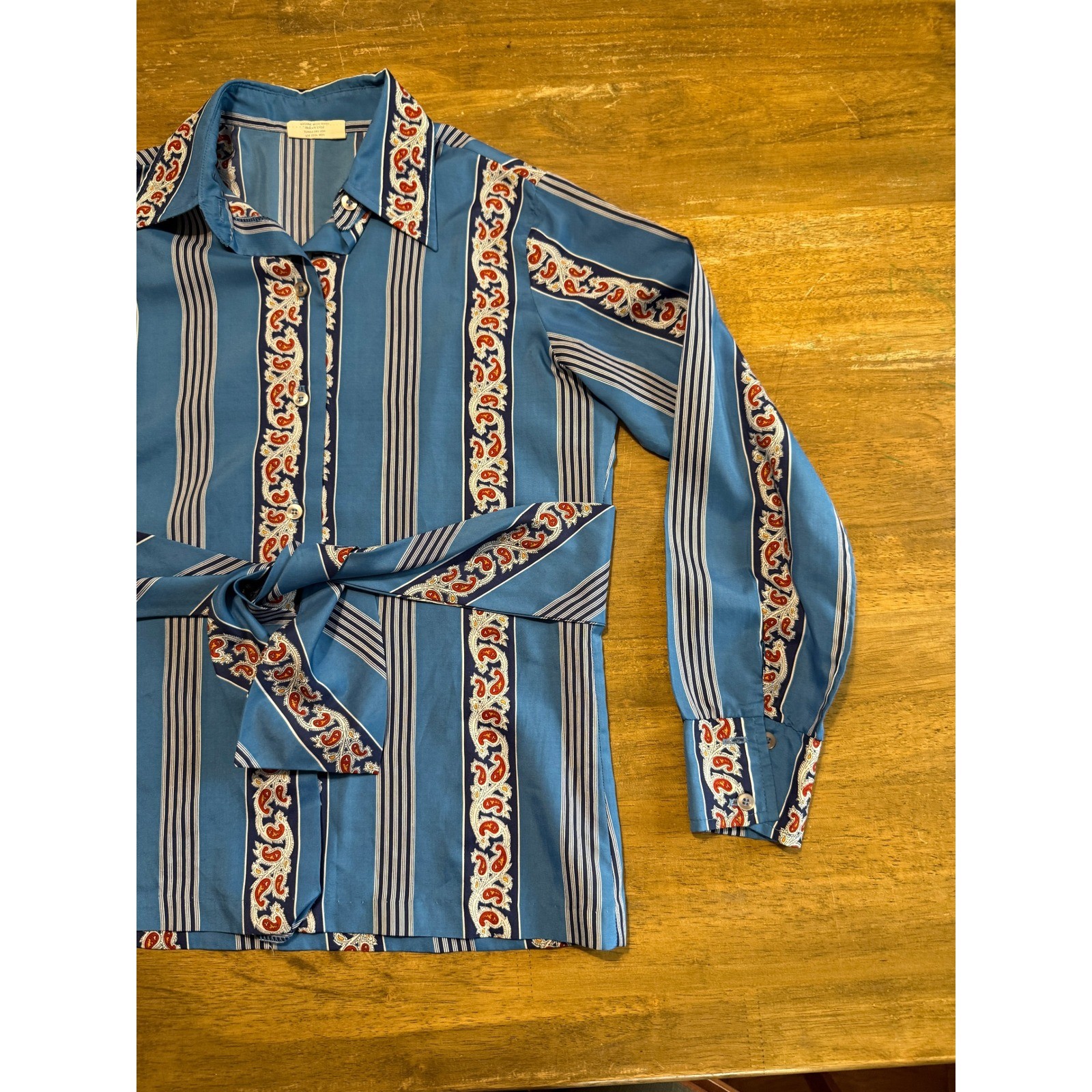 Terry Chicago Blouse Womens Medium Blue Adult Paisley Stripe Belted Excellent