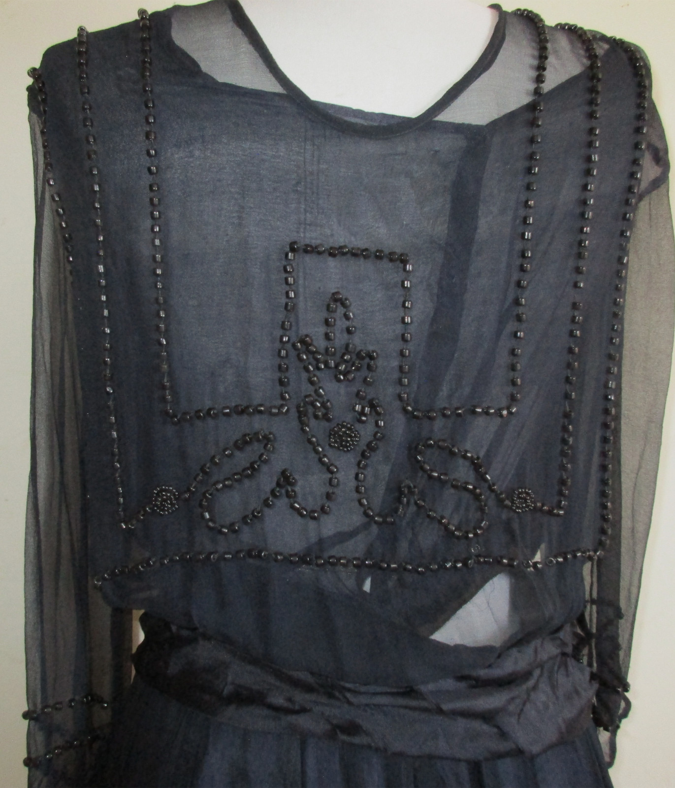 Vintage/Antique 1920’s Art Deco Black Silk Chiffon Jet Beaded Flapper Dress