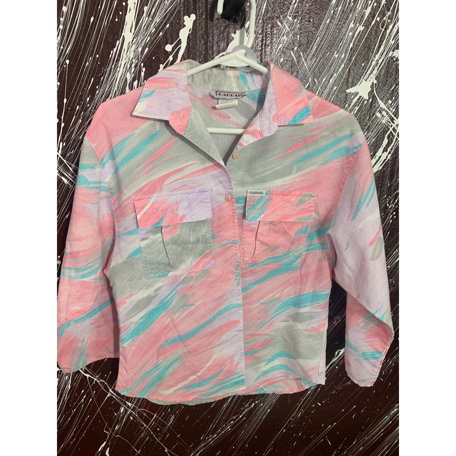 Vintage Cabrais Women Pastel Abstract Brushstroke Cotton Button Up Shirt Size 8
