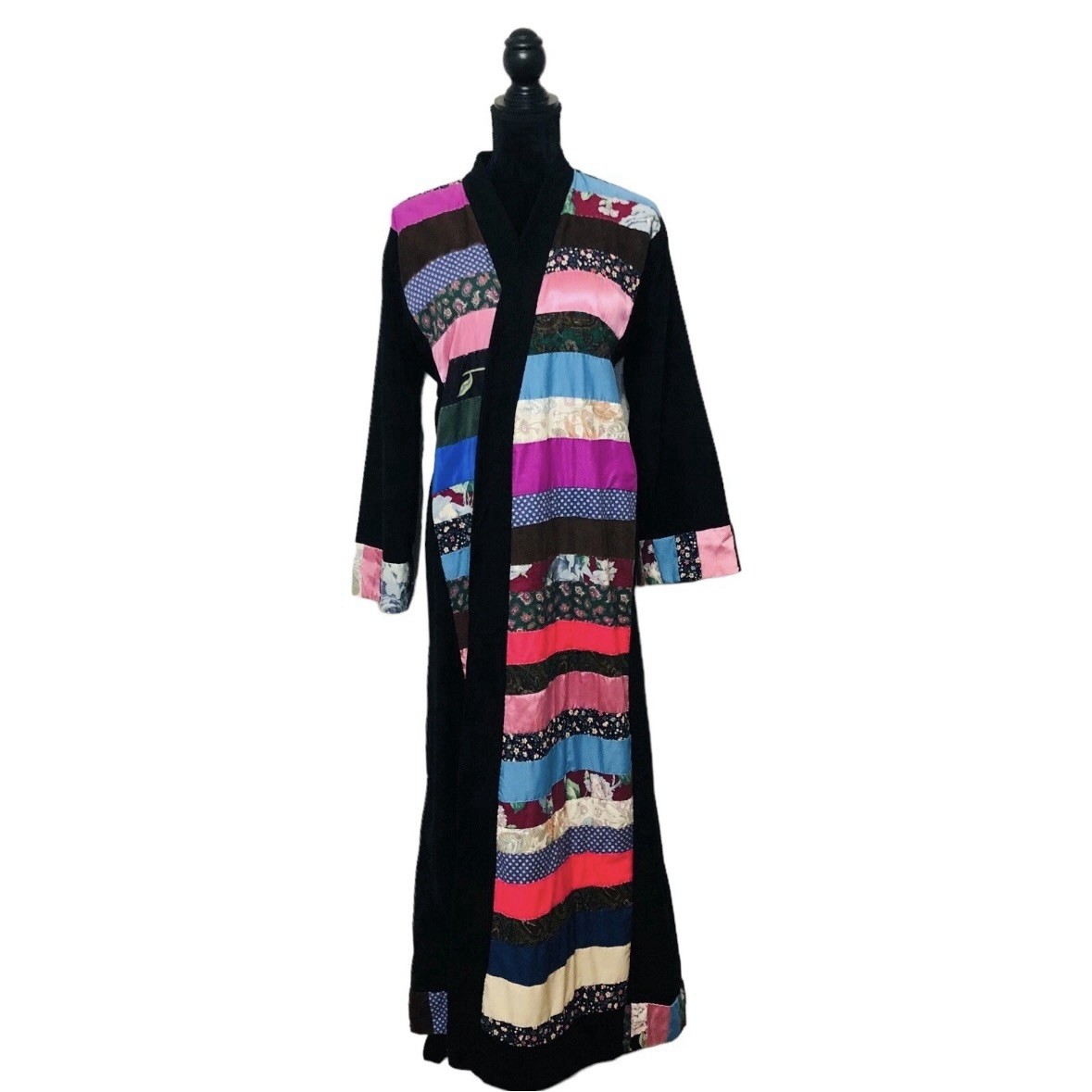 Vintage 60s 70s Velvet Patchwork Duster Jacket Long Maxi Coat Large / XL