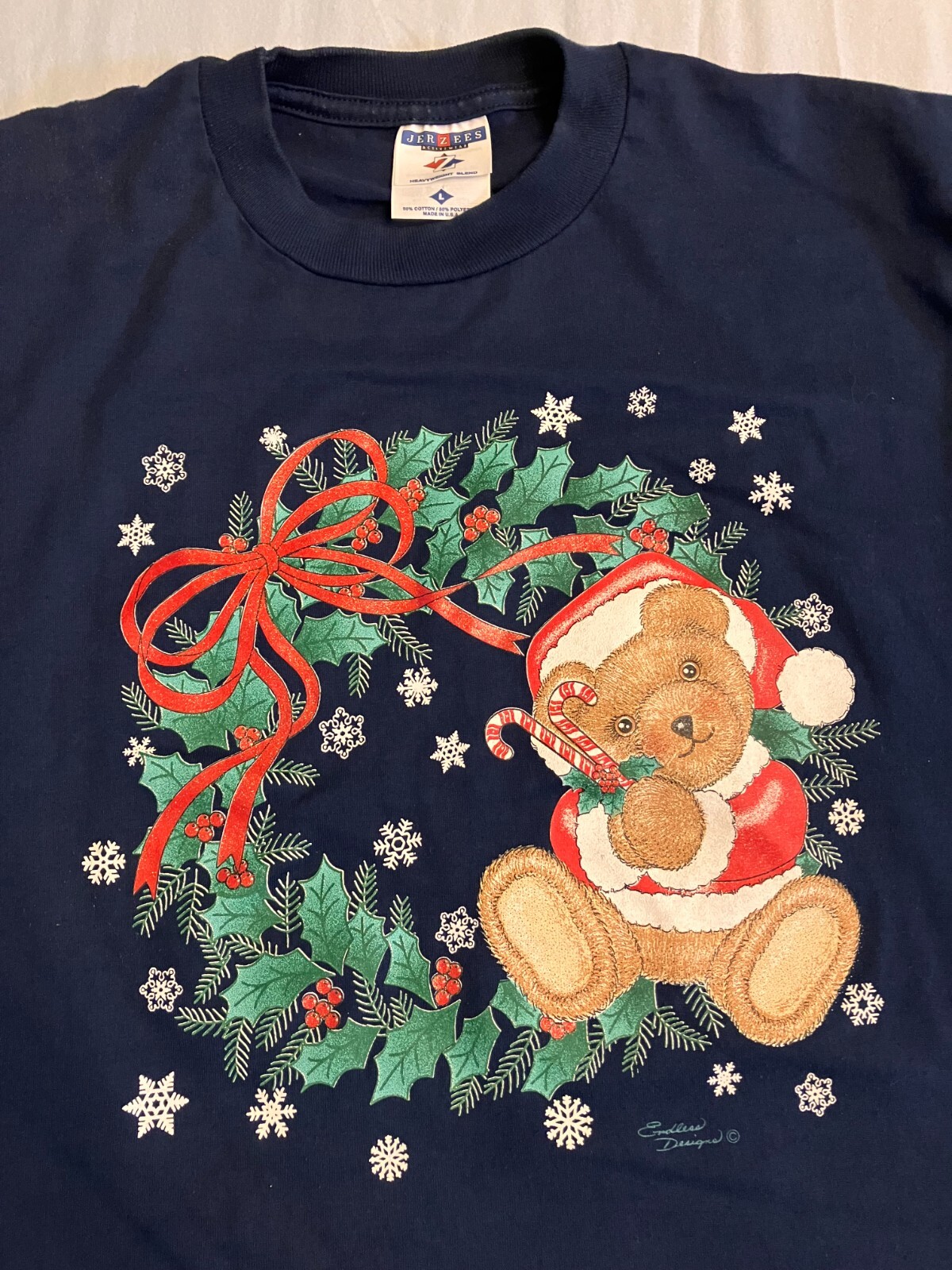 Vintage 90s Jerzees Endless Designs Santa Bear Wreath Holiday T Shirt Large USA