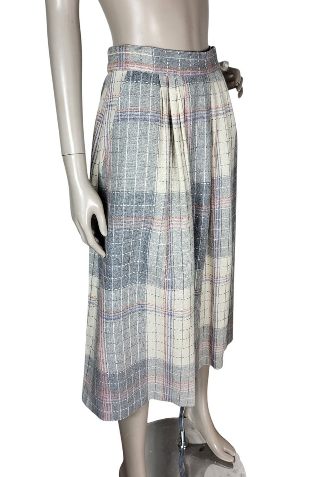 VTG 70s Wool Blend Grey Pink Plaid Tweed Midi Secretary Academia Librarian Skirt