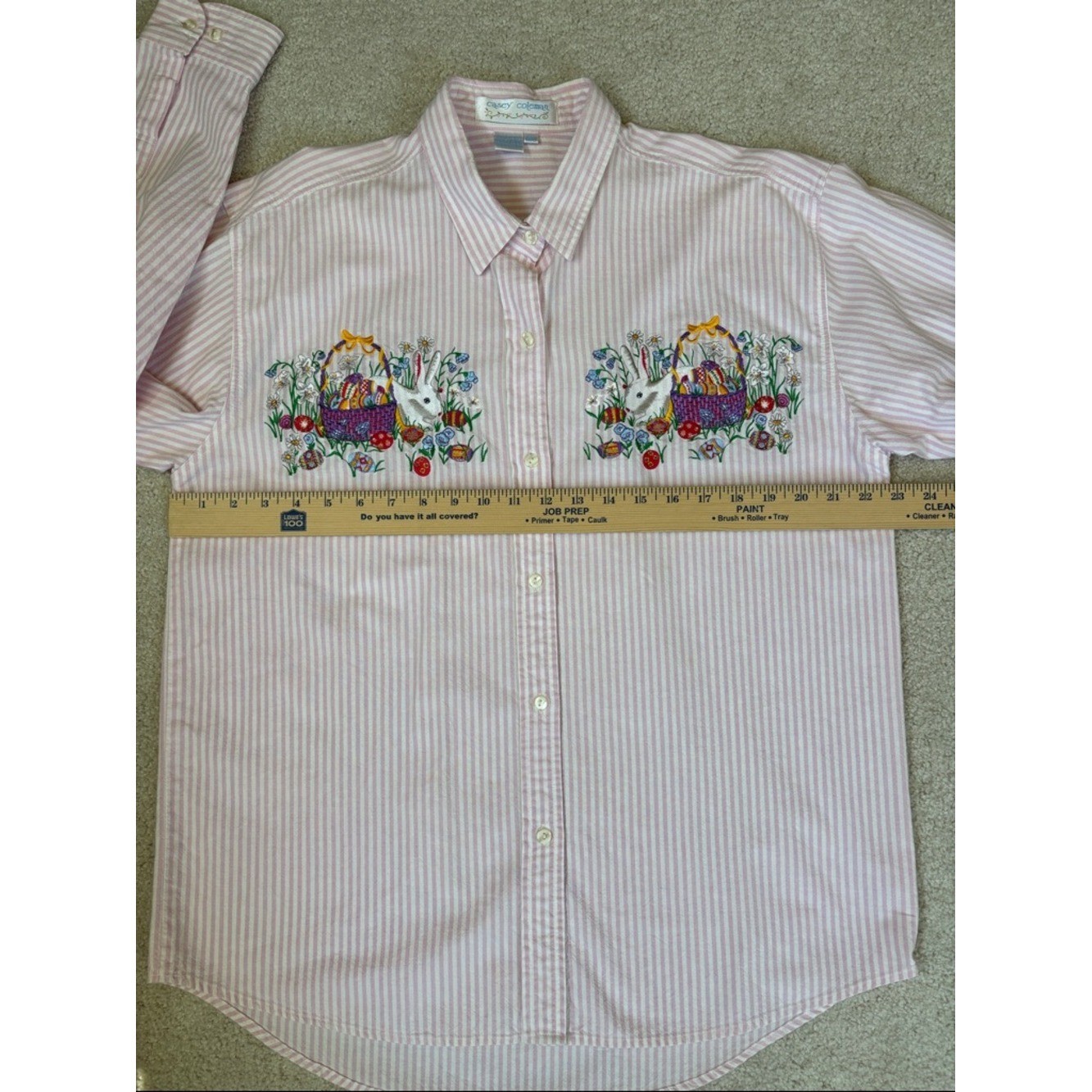 Vtg Casey Coleman Pink Striped Embroidered Floral Cottage Easter Shirt Women L
