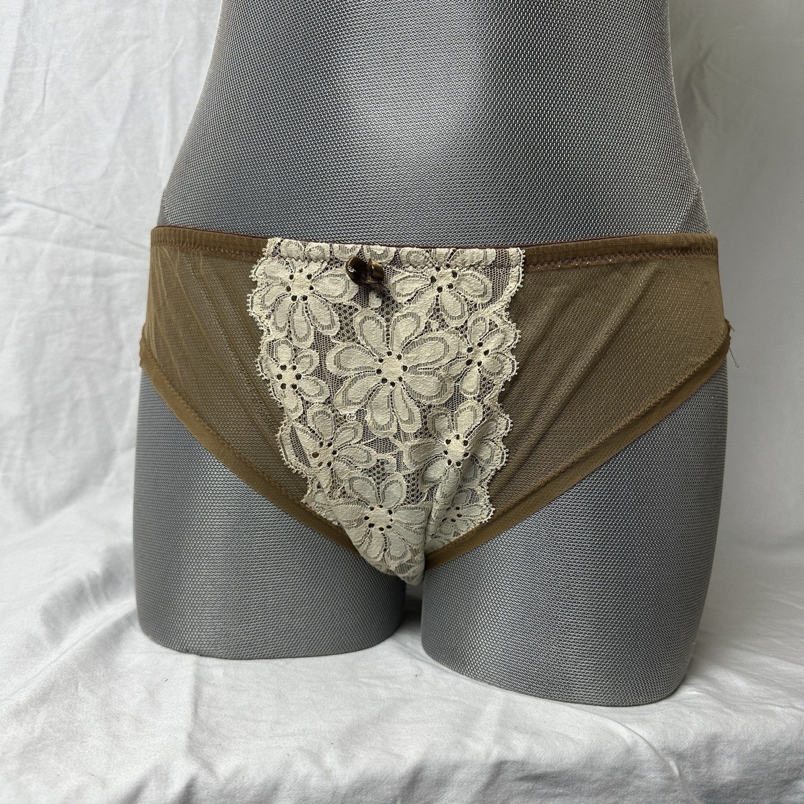 Vtg 60s Vanity Fair Super Sheer Panties Brown Nylon Ivory Floral Lace Front Sz 6