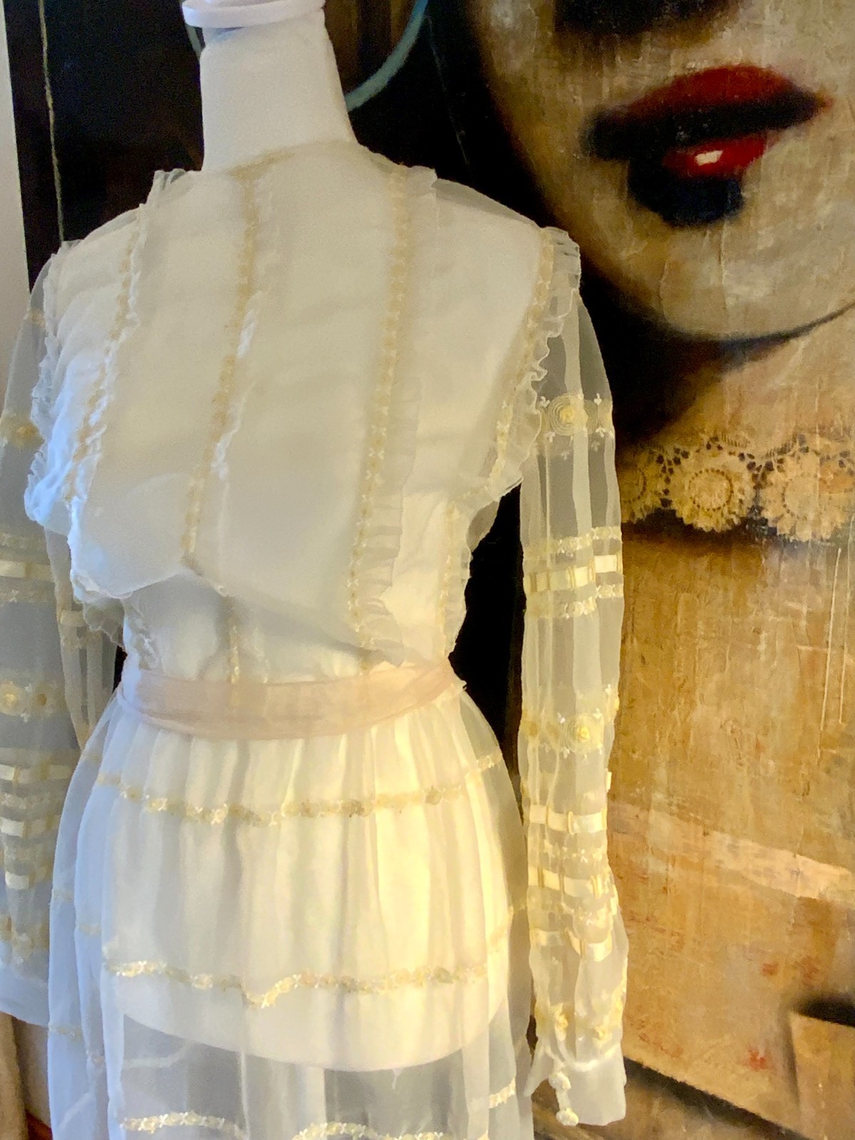 1970s Sheer Romantic Bridal Dress | Edwardian Revival Ivory with Ribbon