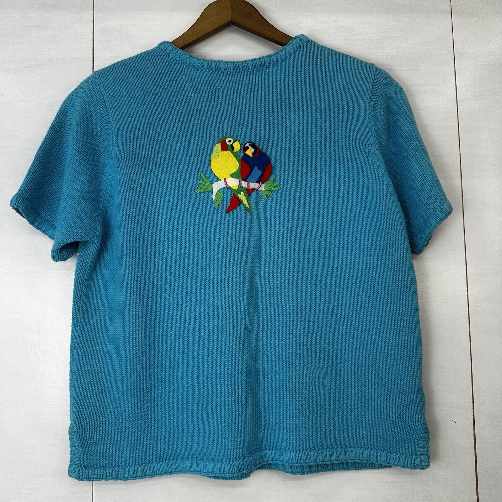 Susan Bristol VTG 1999 Parrot Cardigan Tropical Bird Knit RamieCotton Y2K S READ