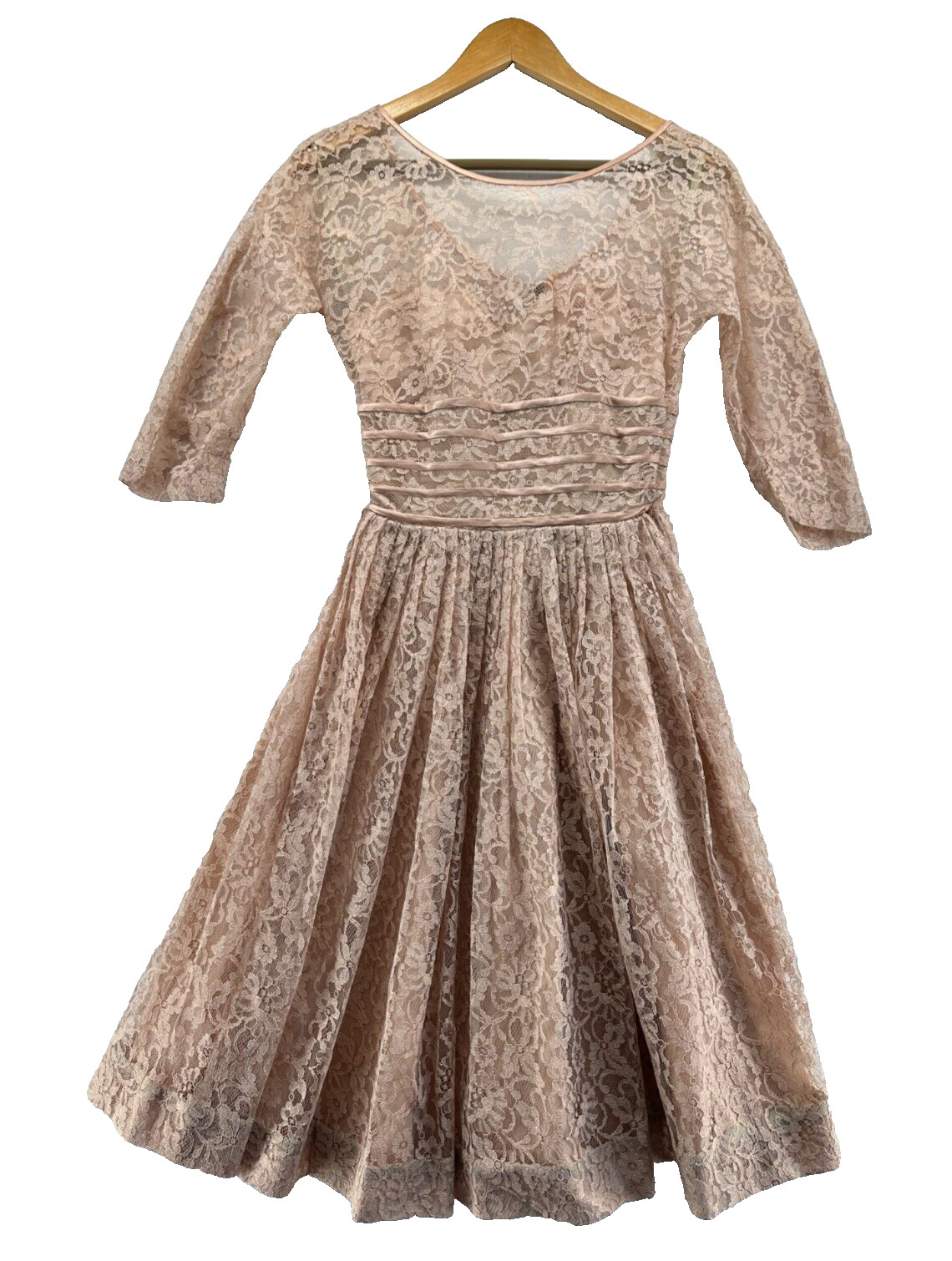1950s Lace Dress Vintage Cocktail A Line 3/4 Sleeve Satin Lined Beige Nude Blush
