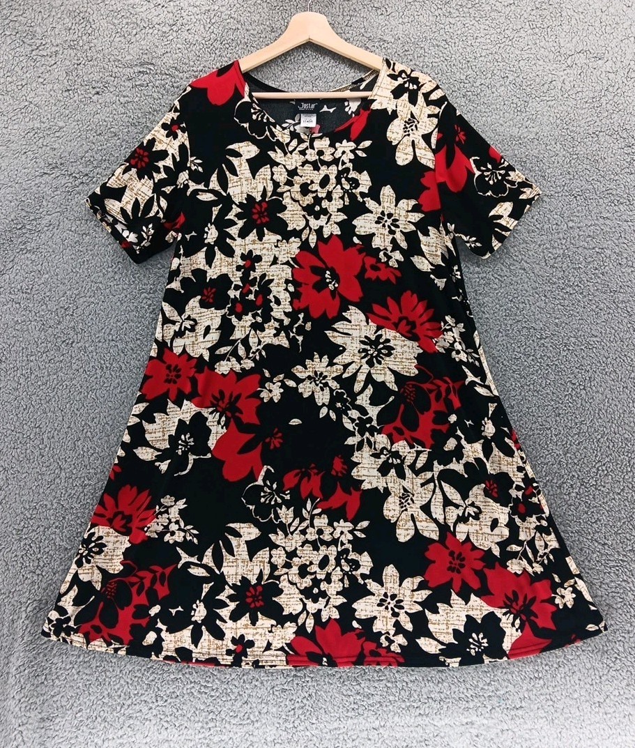 Vintage JOSTAR Slinky Jersey Floral Short Sleeve Travel Dress Black Red Size XL