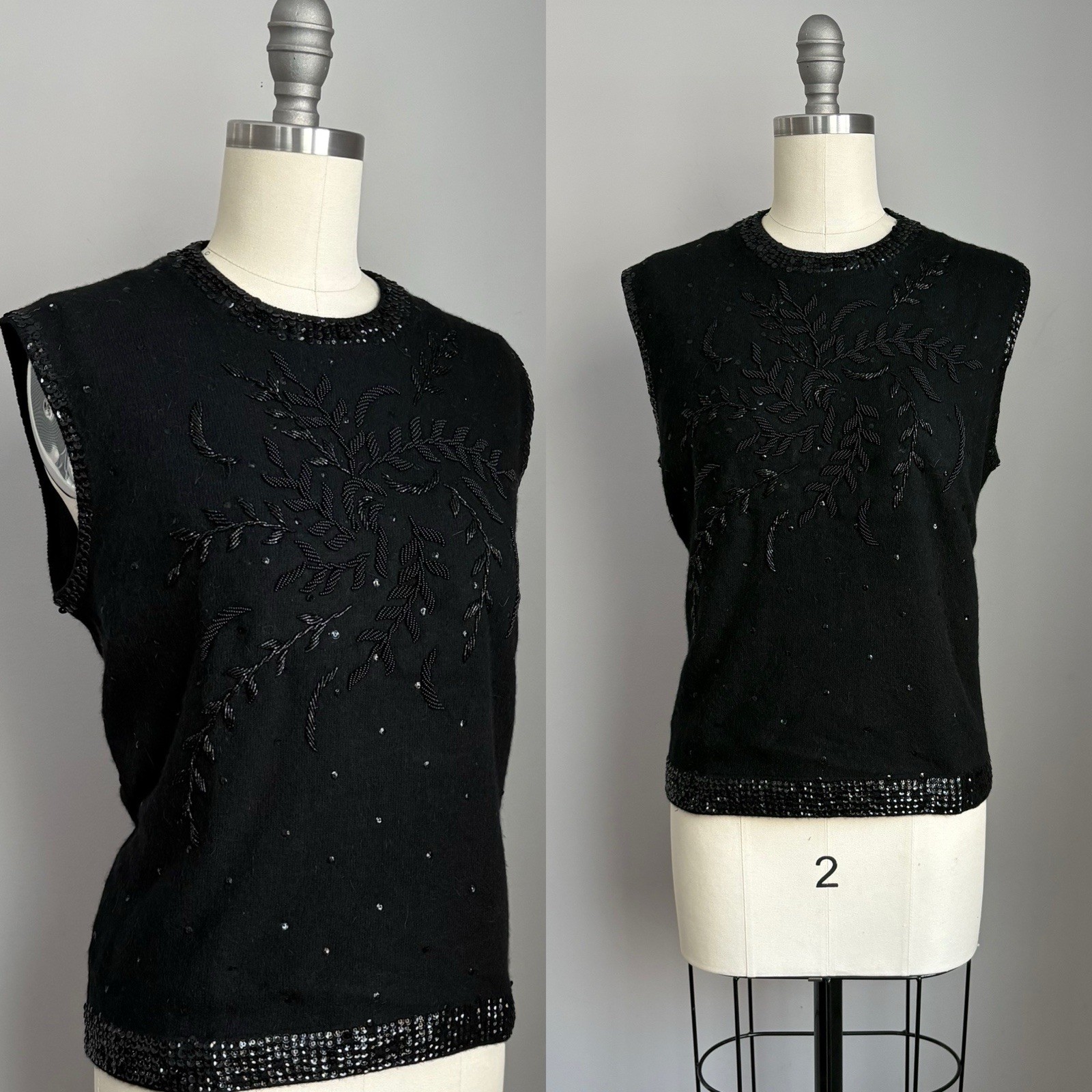 Vintage 60’s NOS Marchessa Int’l Black Beaded Sequin Tank Sweater w/ tag Medium