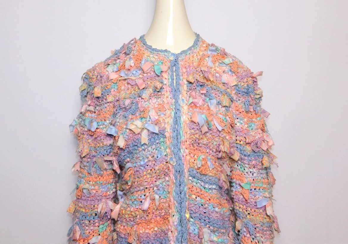 Vintage Women’s 1990s Estelle Gracer Pastel Ribbon-Knit Cardigan Sweater