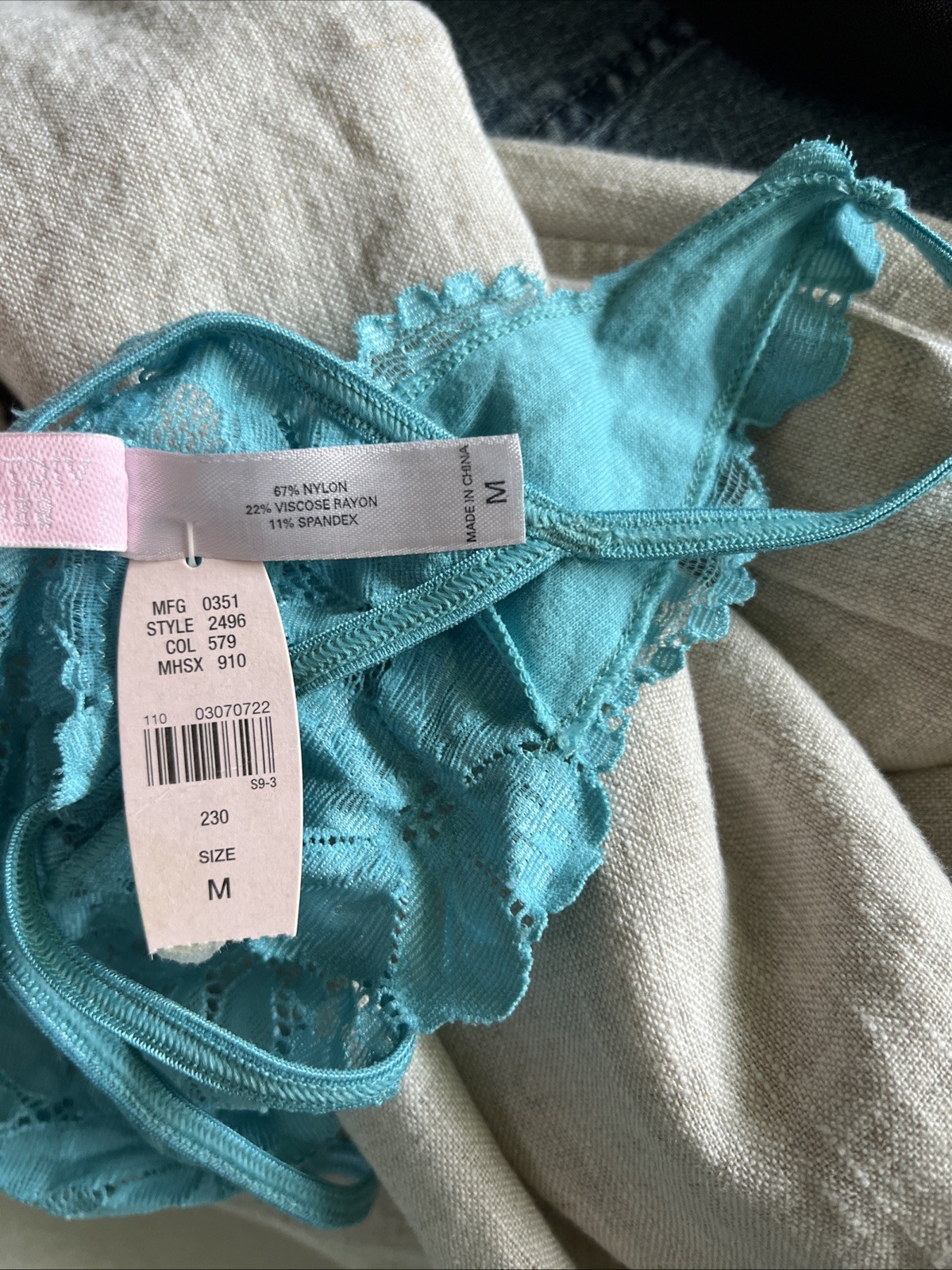 Vintage Victorias Secret 1999 Aqua Lace Mesh Thong Panty NWT Y2K 90s