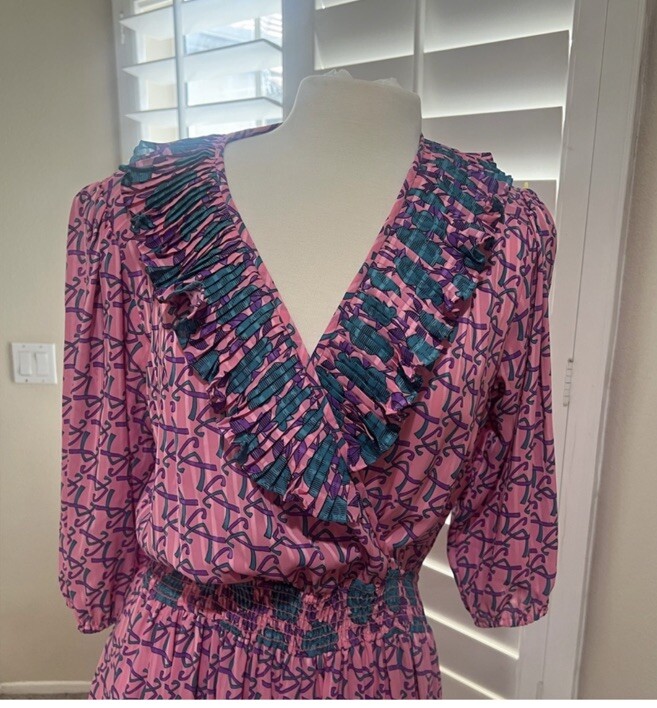 VNTG 80s Susan Freis satin multicolor floral faux wrap elastic ruffle dress M
