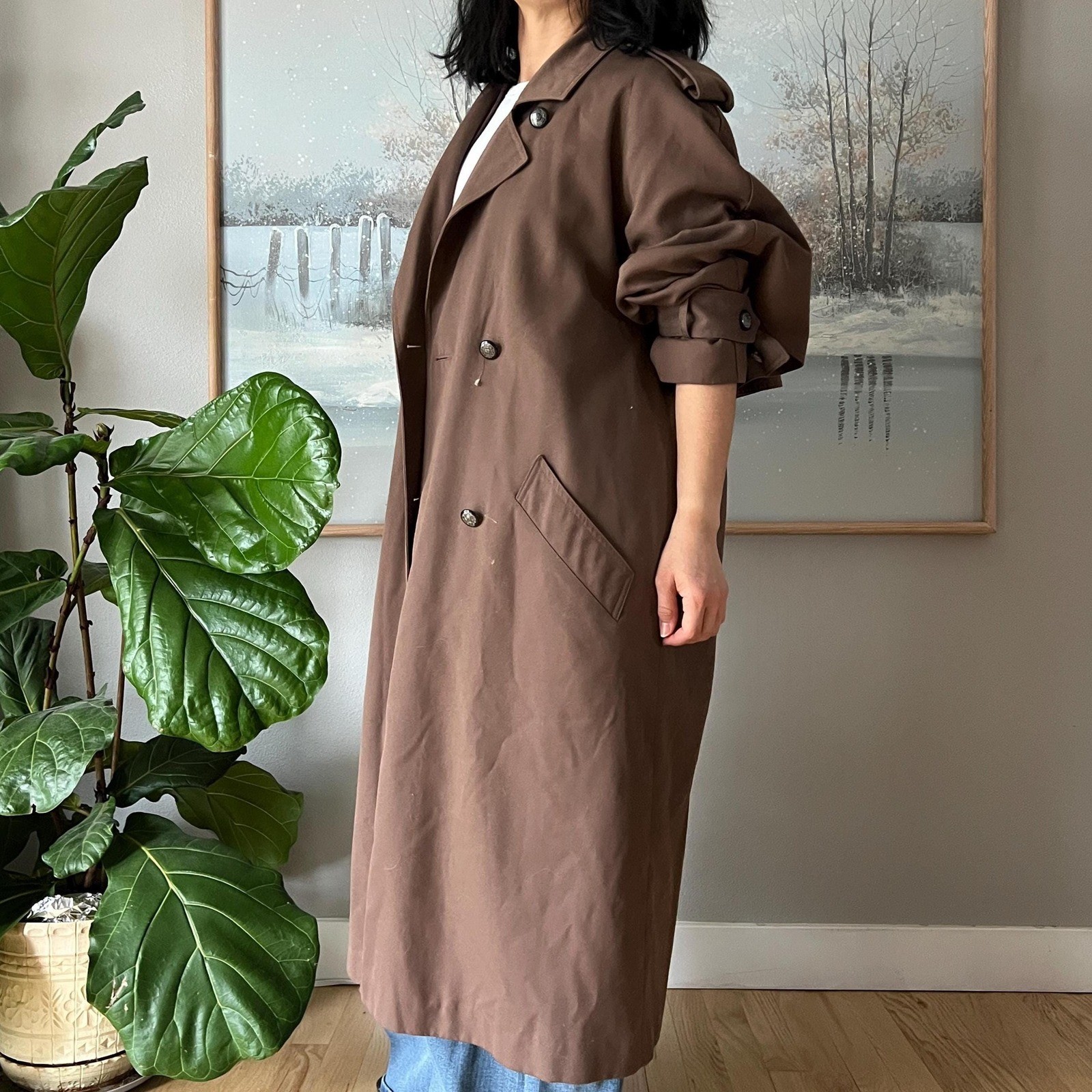 Vintage Brown Trench Coat Minimalist Long Coat Classic Oversized 90s Chic