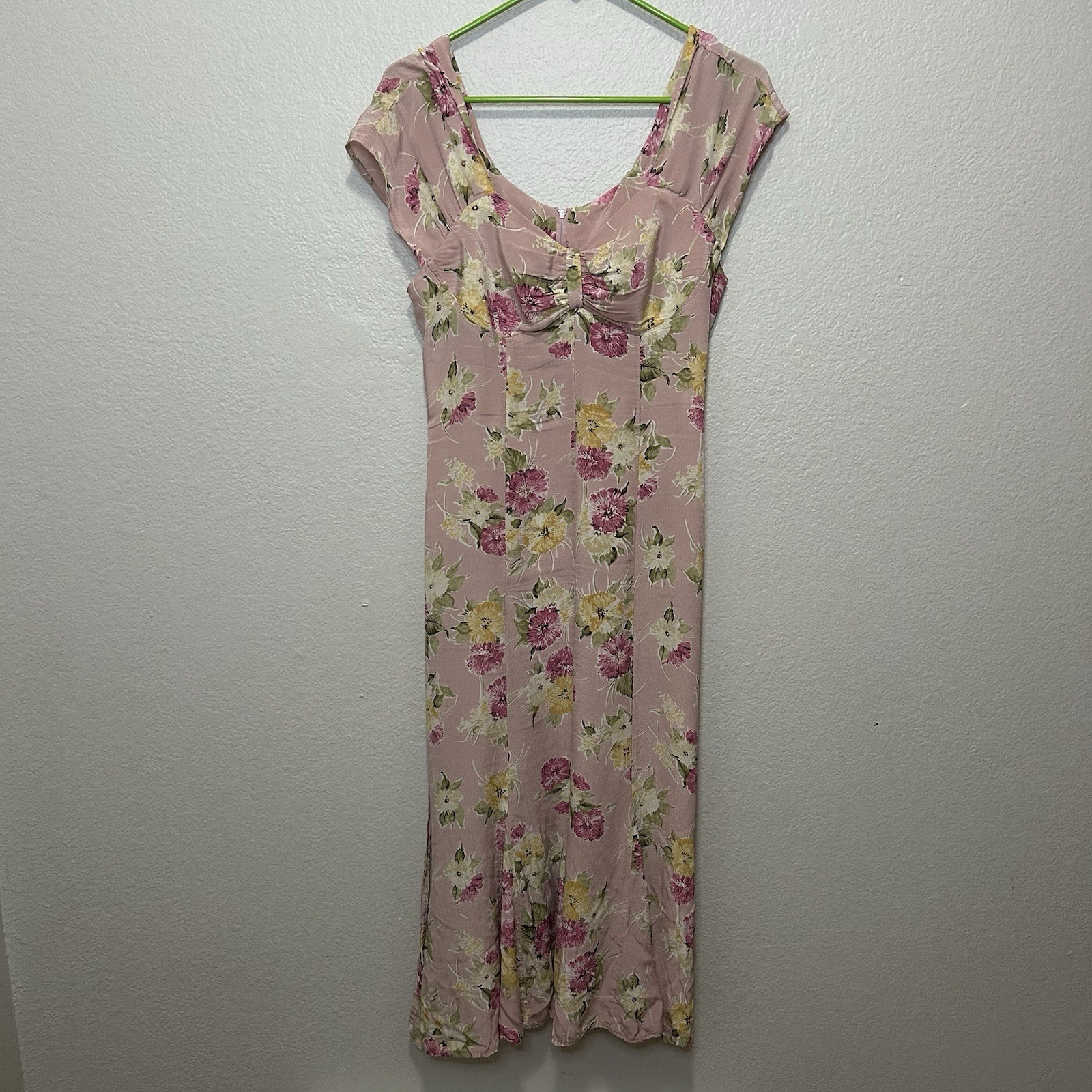 Vintage 90s Pink Floral Rayon Dress Cottagecore Coquette Fairycore Size 8