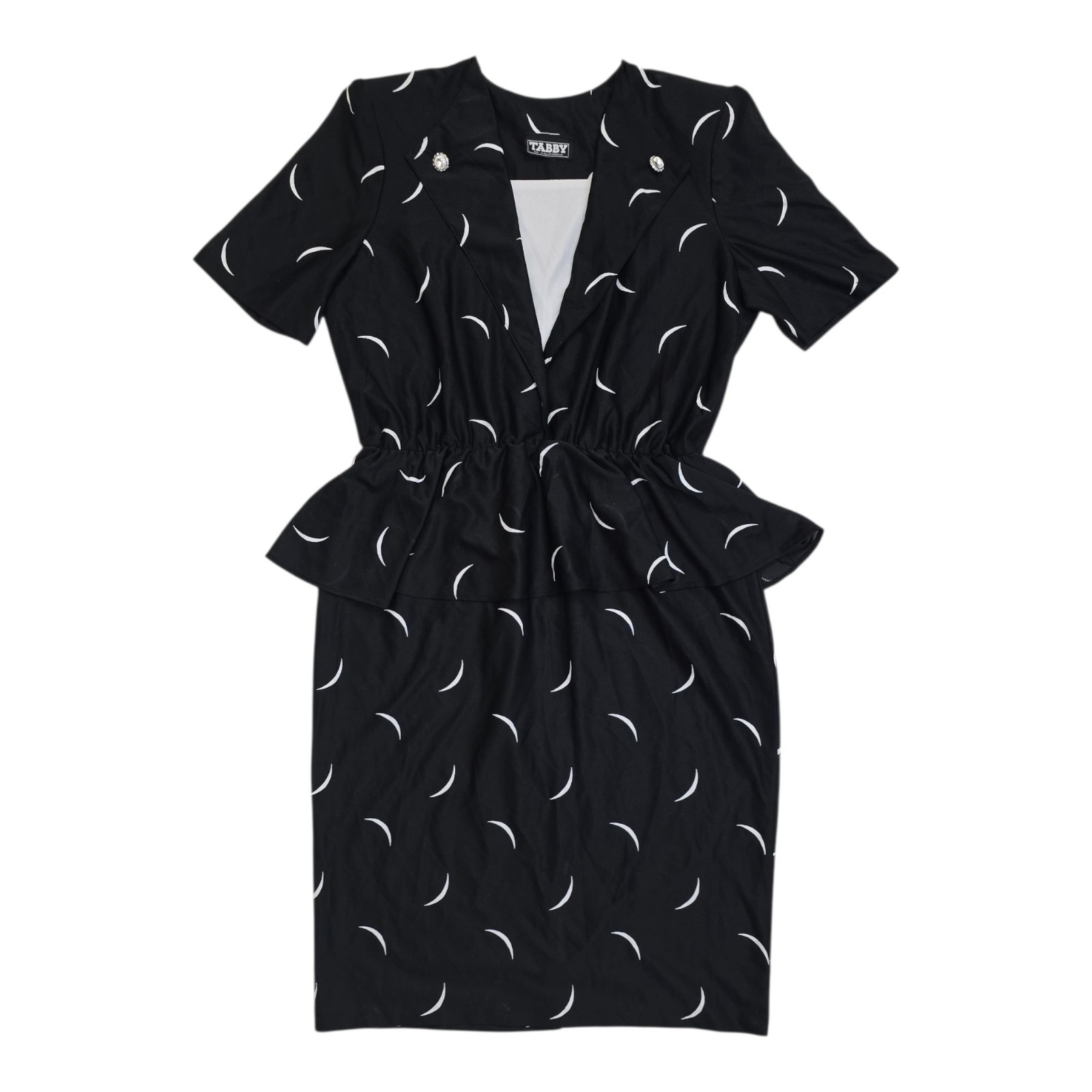Vintage Tabby of California Dress Peplum Waist Black White Crescent Moon M 80s