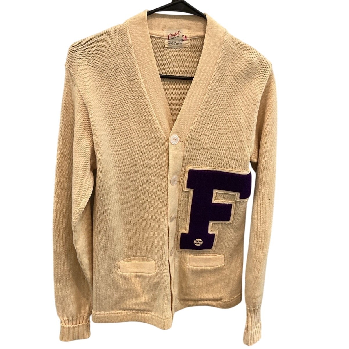 Vintage Coane Varsity Letterman Cardigan Sweater Sz 34 Cream Purple F Preppy 50s