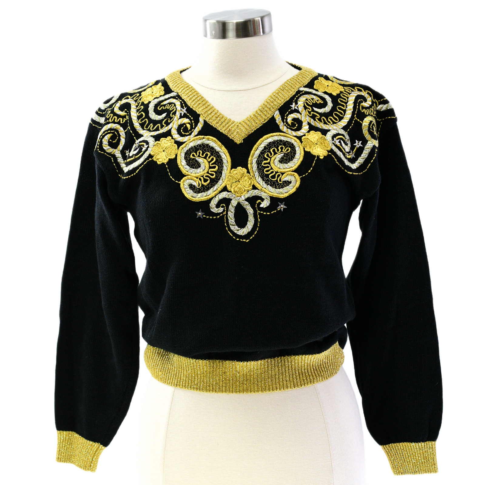 90s Vintage Metallic Gold Art Deco V Neck Sweater Womens S Holiday Party Disco