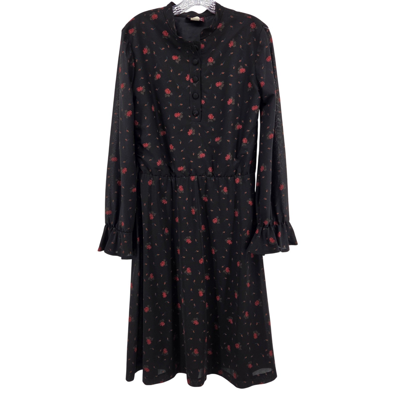Sharon Dee Vintage Floral Midi Dress Medium Black Red Rose Goth Dark Romantic