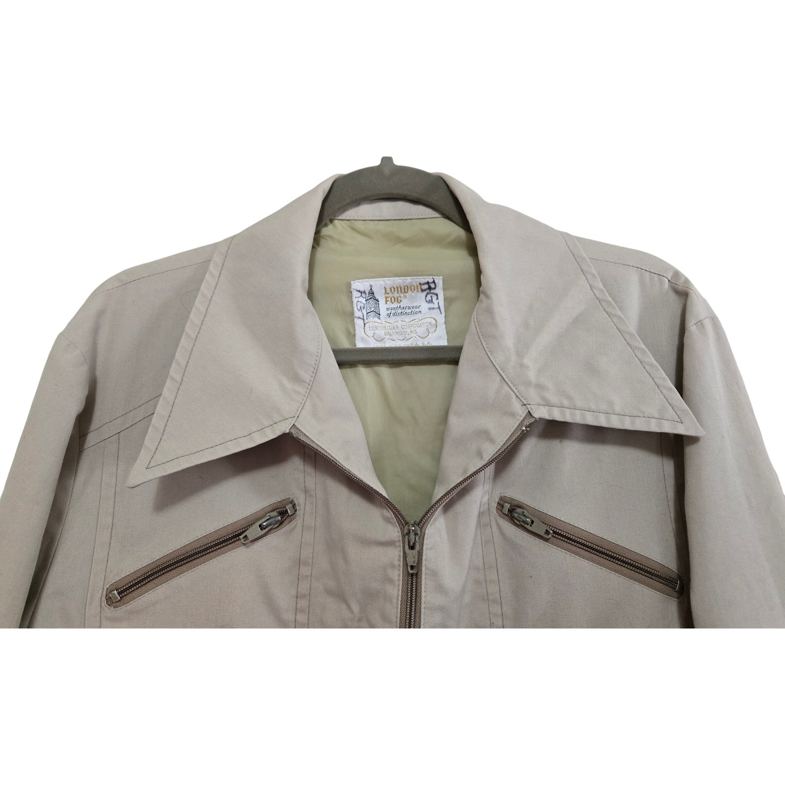 Vintage London Fog Classic 1970’s Beige Zip Front Utility Jacket Tan Size 44 XL