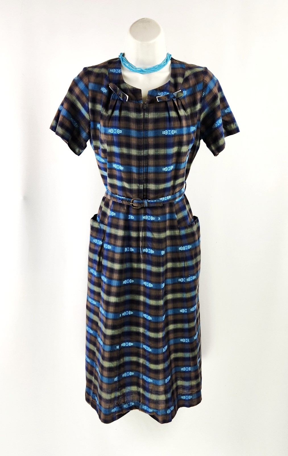 Vtg 1940s Cotton striped embroidery Day Shirt Dress Zip front pockets Belt W30″M
