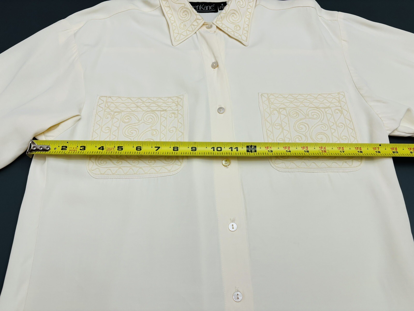 Vintage Embroidered Ivory Blouse Top Sz L 80’s Office Career Secretary Made USA