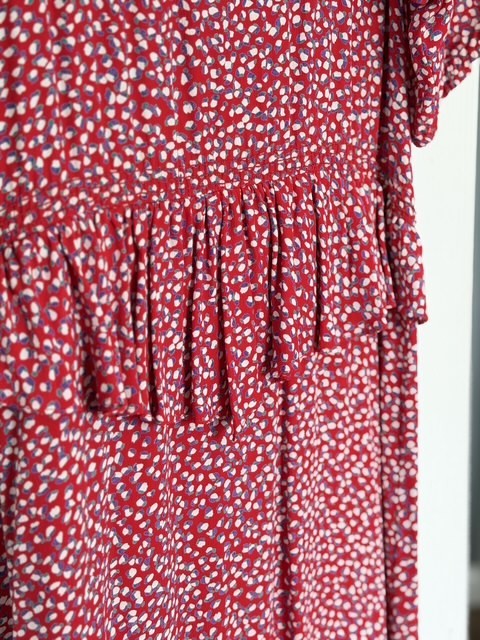 Vintage Jane Schaffhausen Belle France Rayon Dress Red Floral Ruffle Size 8 USA