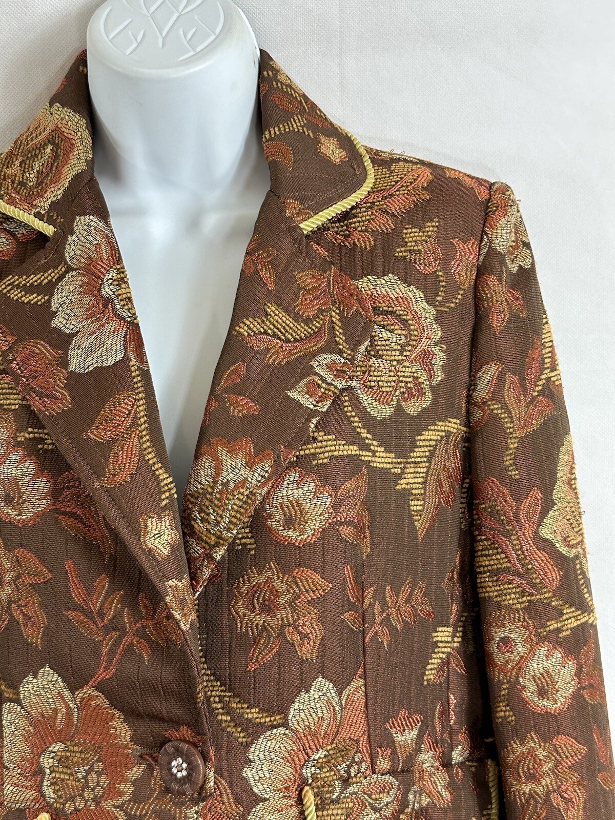 Vintage Ninety Sz 4 Floral Tapestry Woven Blazer Jacket Faux Diamond Buttons Pkt