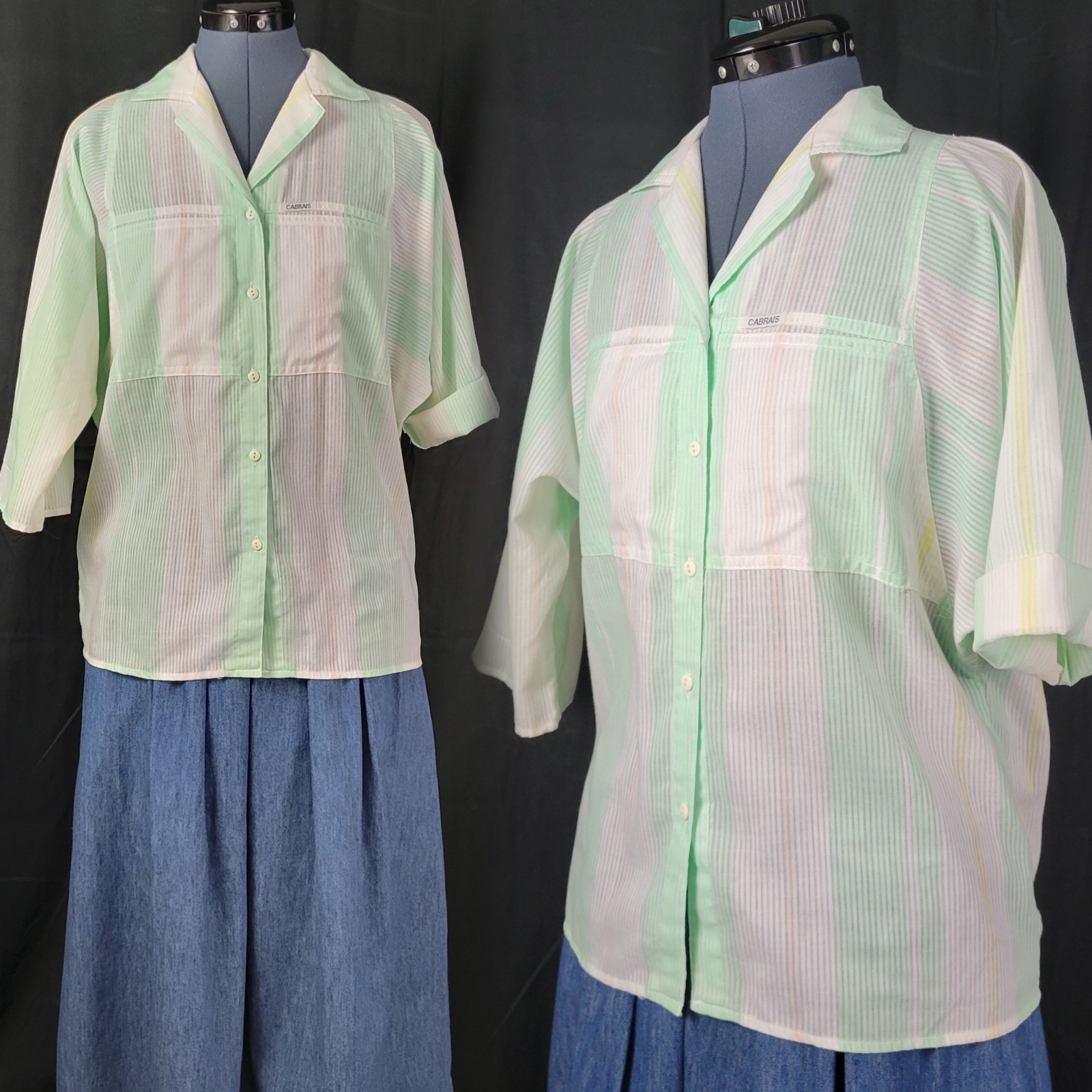 Vintage Cabrais Oversized Mint & White Striped Button Down Shirt Size Large