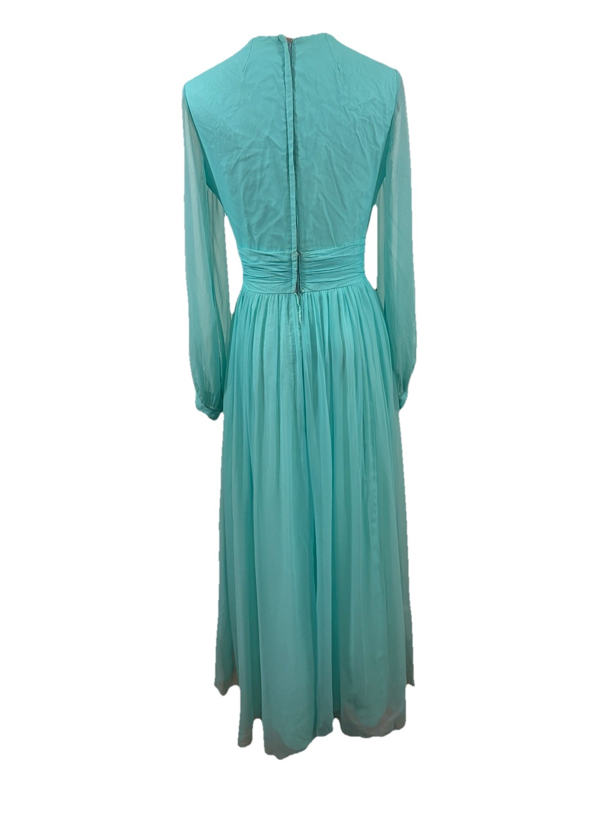 Vtg 70s Teal Blue Chiffon Maxi Dress Beaded Emblishment Sheer Sleeves 26” W