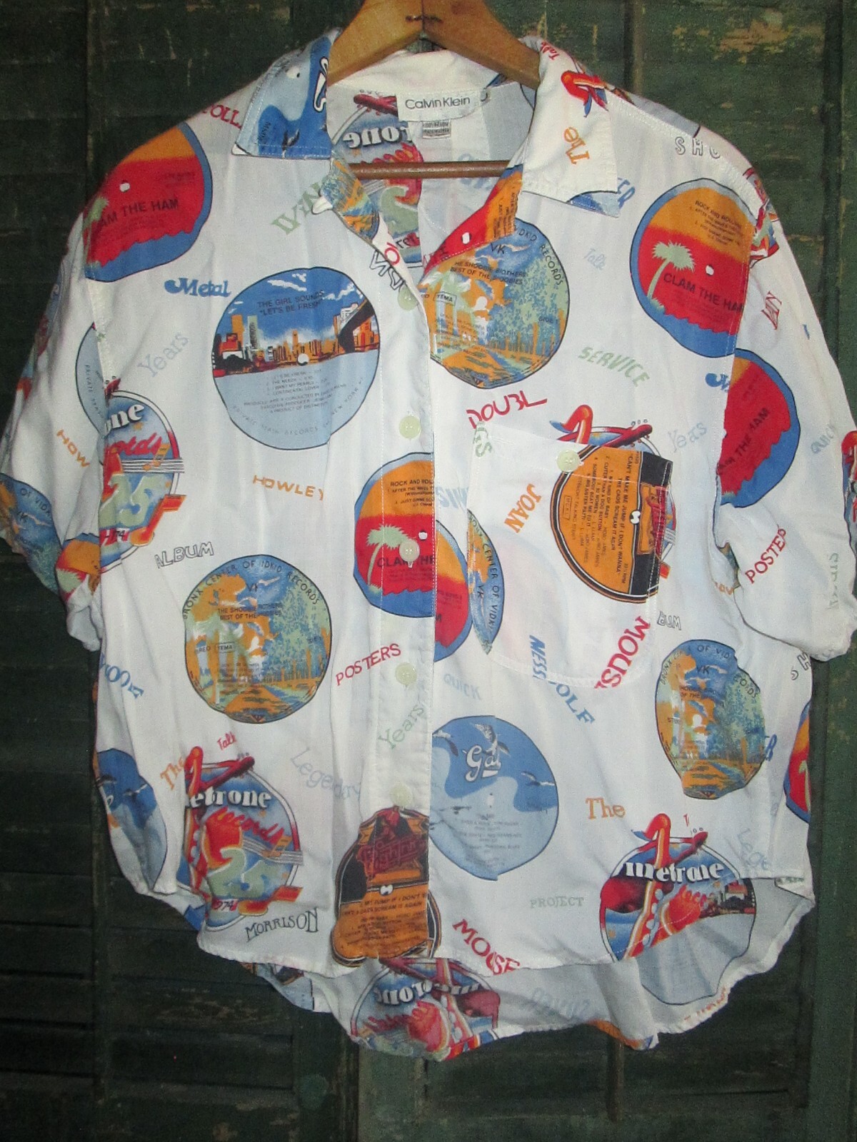 LADIES Vtg 80s 90s CALVIN KLEIN Loop Collar Rayon album record aop hawaii shirt