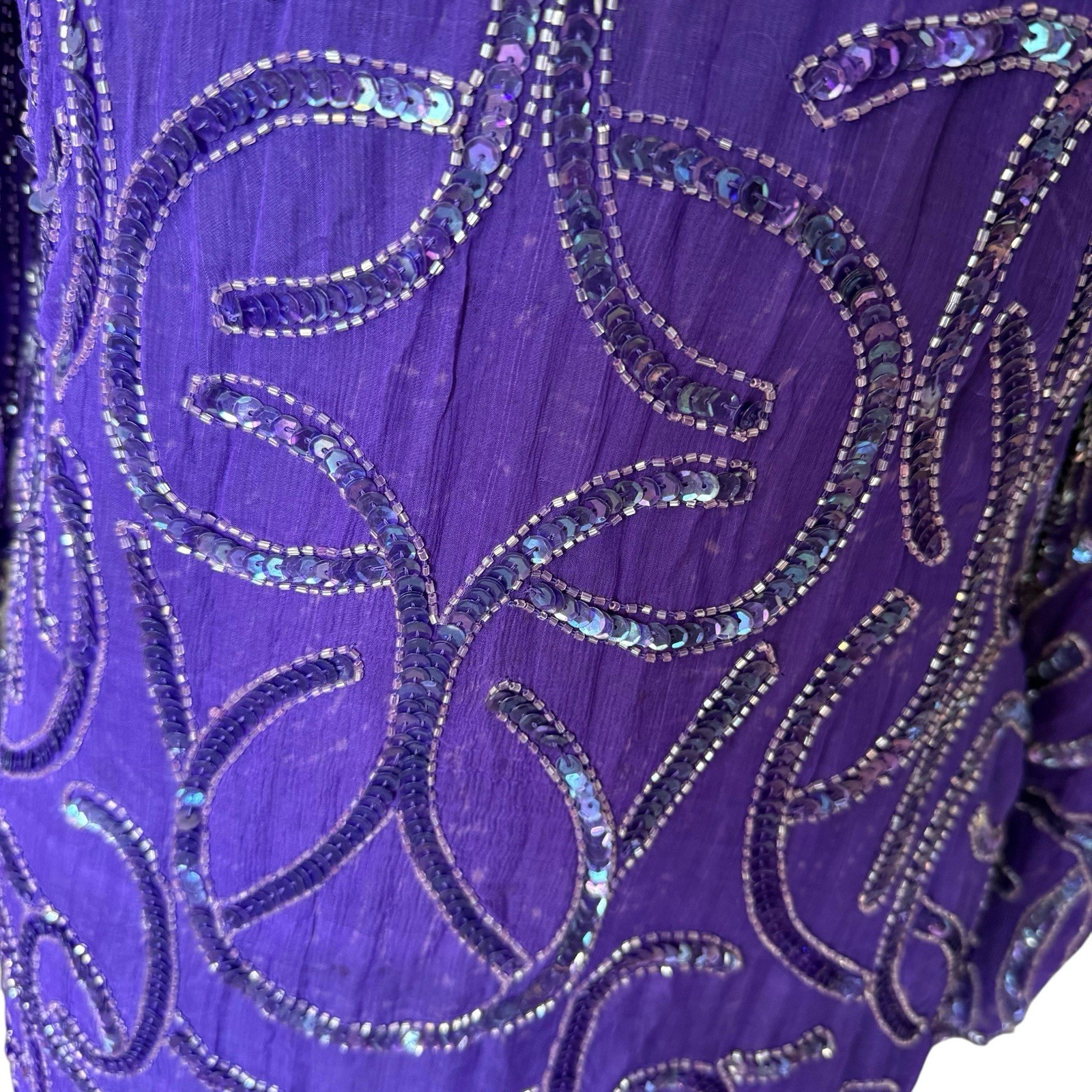 Vintage Carina Purple 100% Silk Beaded Long Sleeve Mini Dress