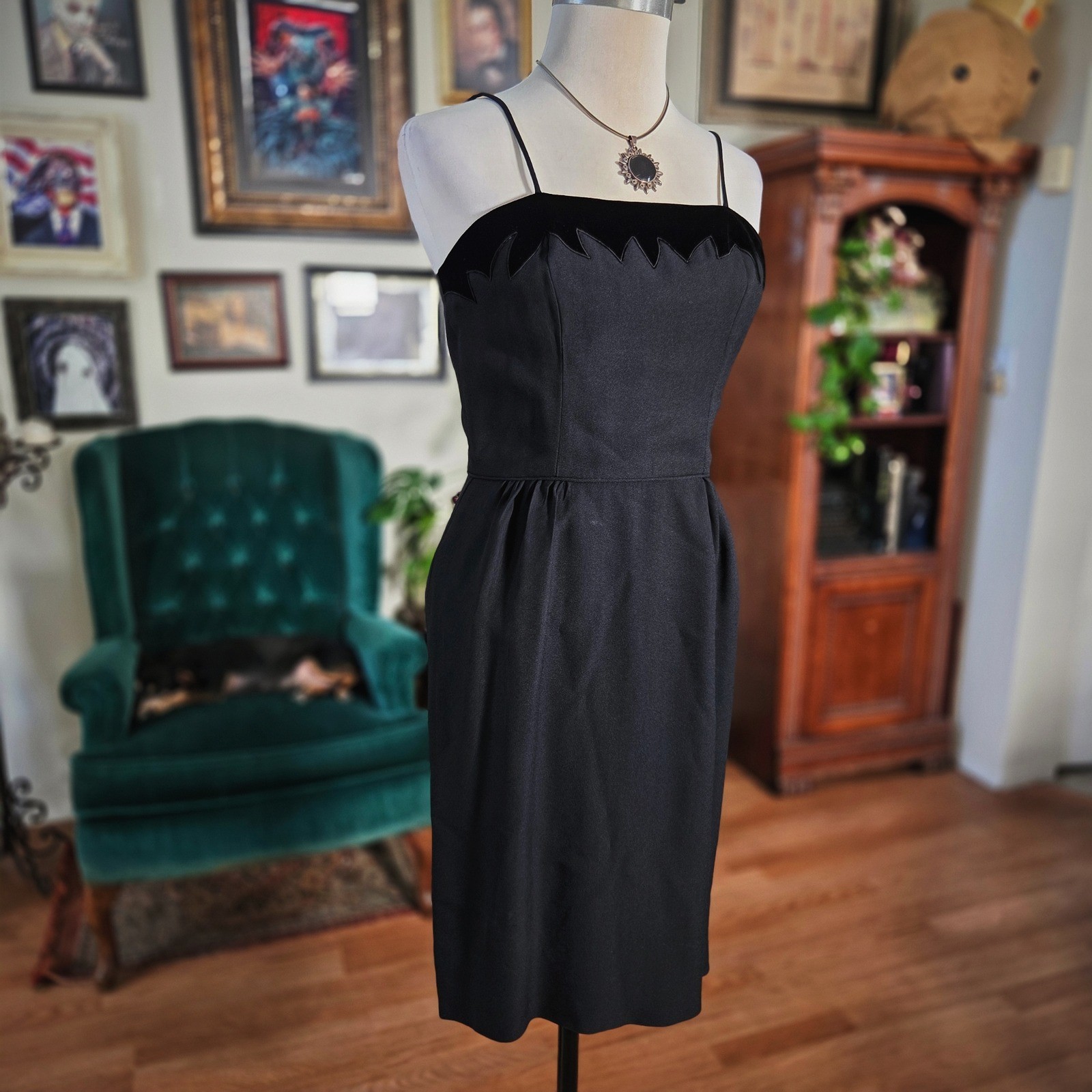 Vintage 50s Black Wiggle Dress Pinup Spaghetti Strap Classic Mid Century