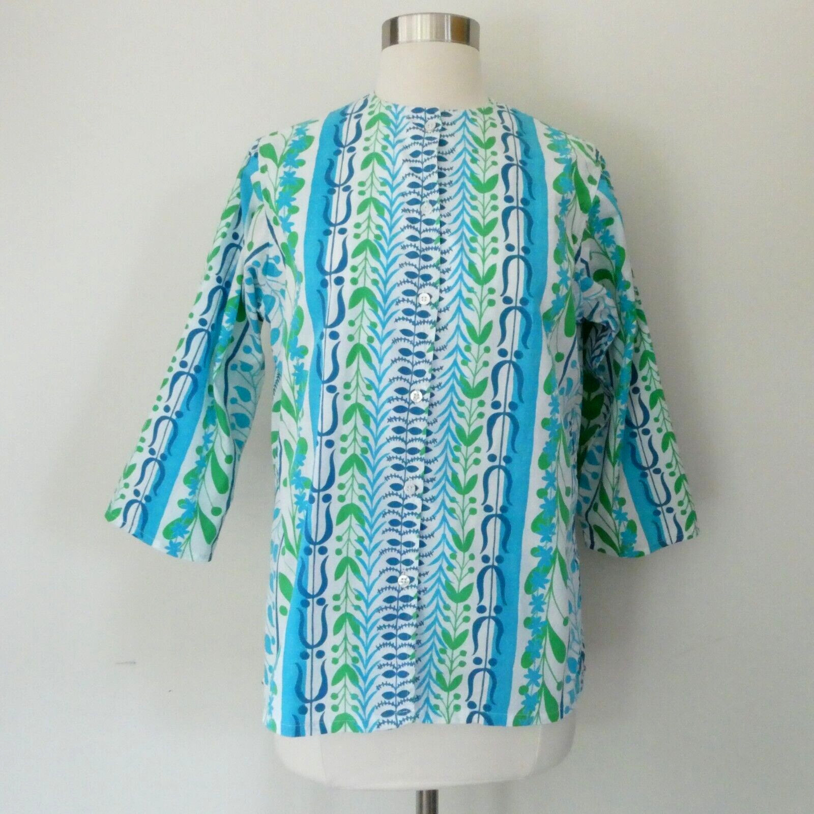 The Villager Shirt Button Front Blouse Cotton Print Green Blue Vintage Size 14